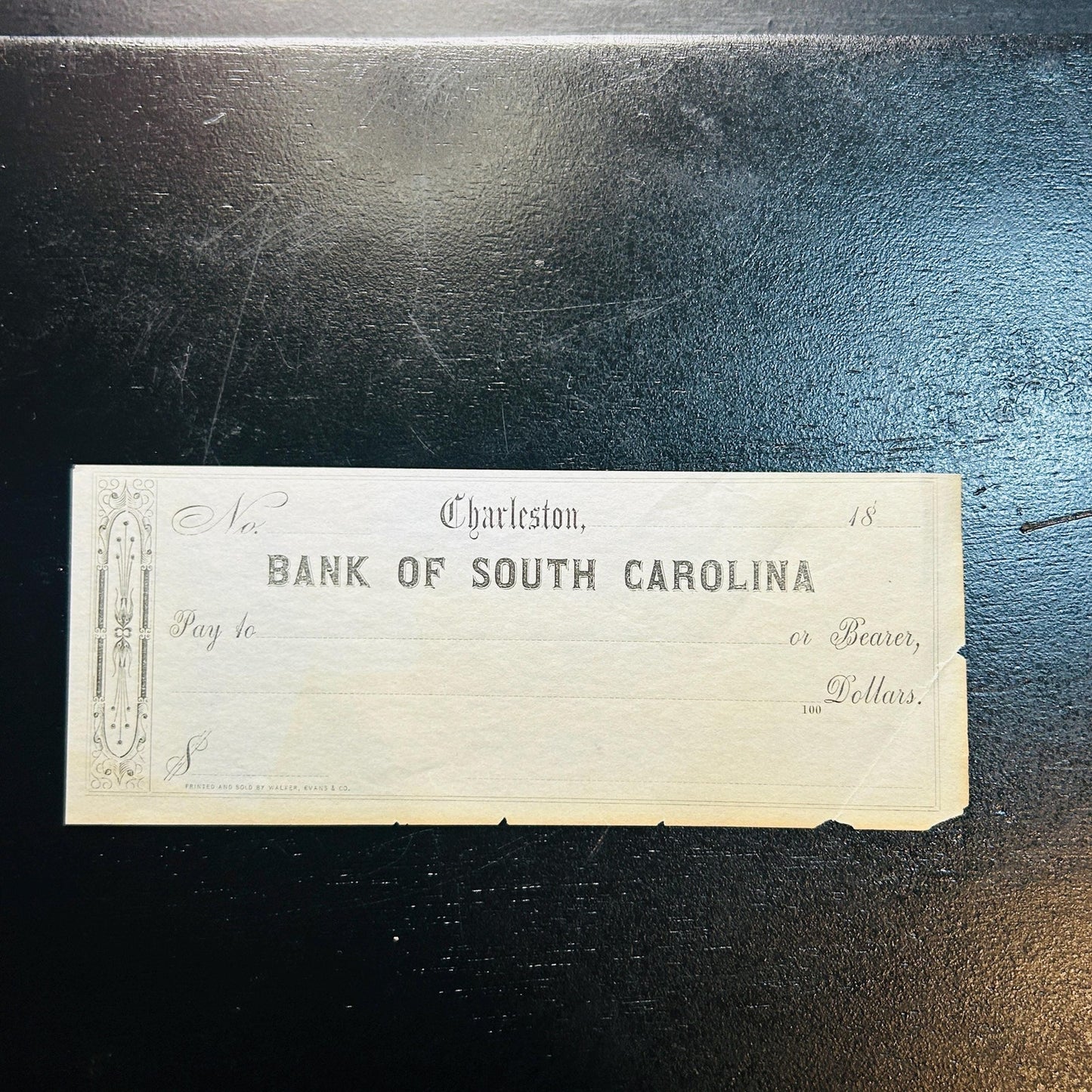 Antique Bank of South Carolina Check Charleston SC | 1800s Blank Bank Note Form | Southern Ephemera Paper Collectible. Very rare civil war!