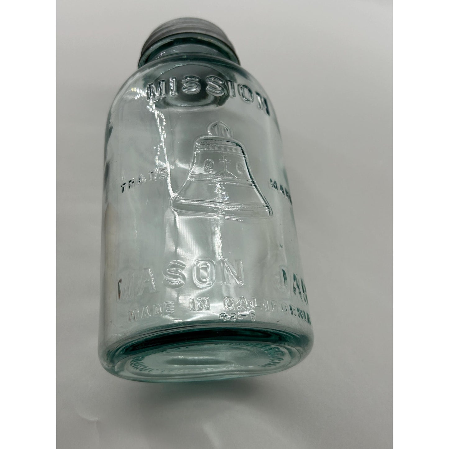 Mission Bell Mason Aqua Blue Glass Liberty Bell Trade Mark Scarce Hazel Atlas Half Gallon Zinc Lid