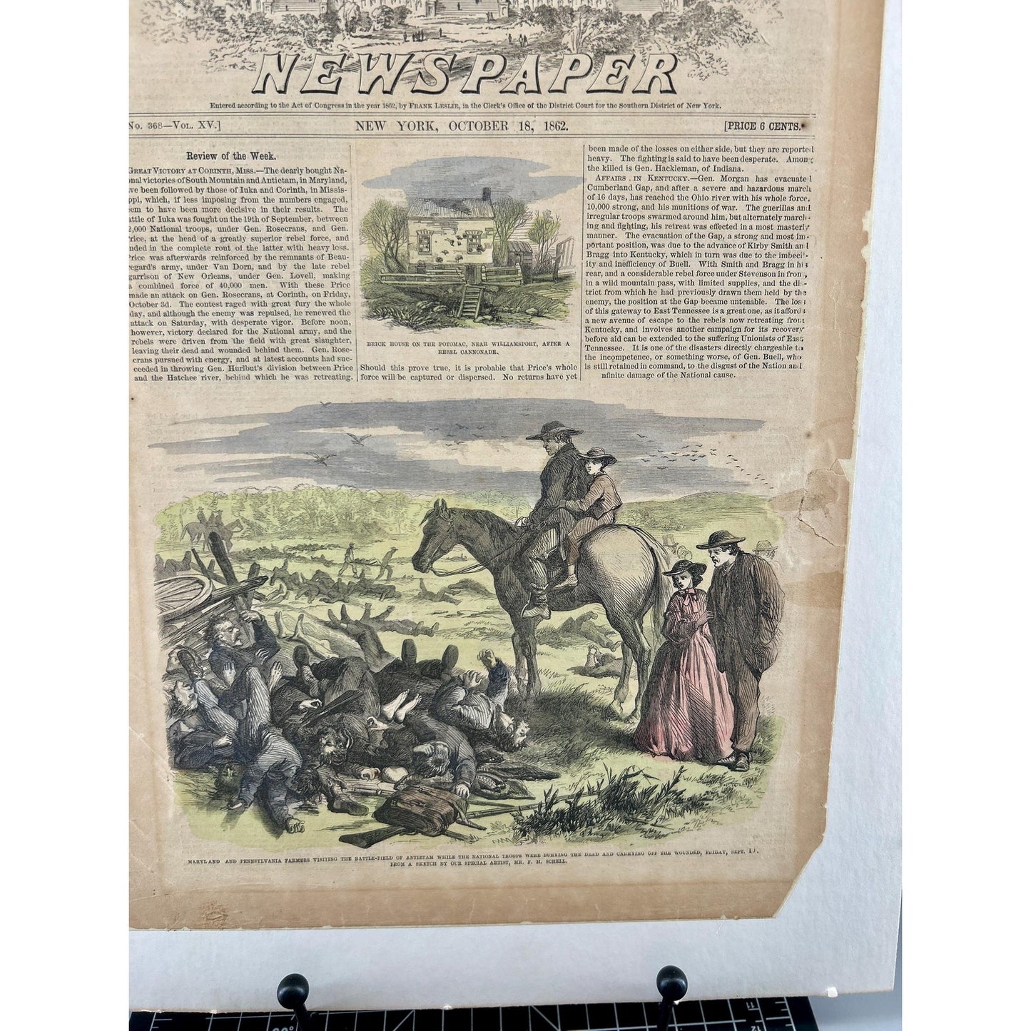 Antique Rare 1862 Frank Leslie Illustrated Newspaper Civil War Antietam Battlefield Original Hand Colored Engraving October 18 Issue