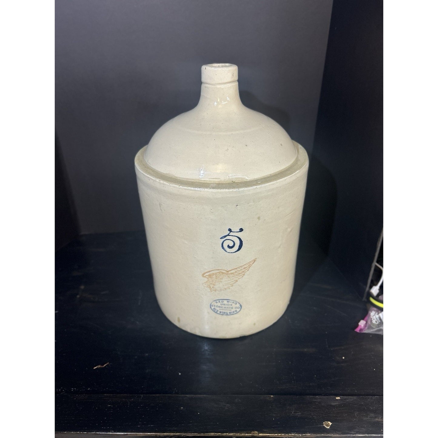 Antique Red Wing 5 gallon stoneware crock shoulder jug side view