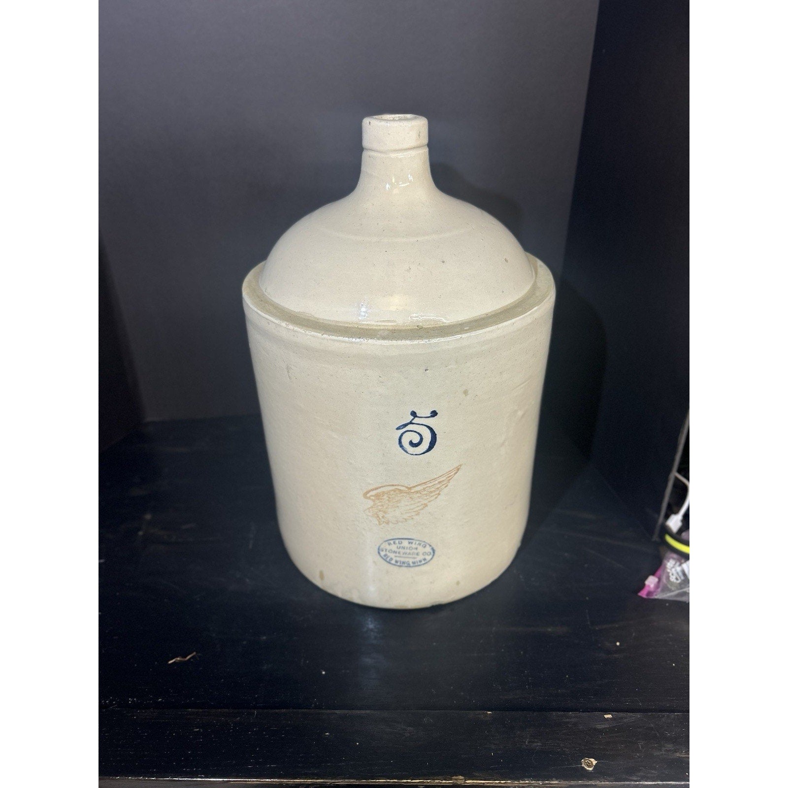 Antique Red Wing 5 gallon stoneware crock shoulder jug side view