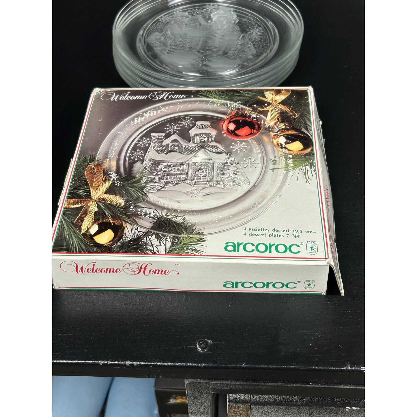 Arcroc “Welcome Home” Christmas Plates • Frosted Winter Cottage Glass Dessert Plates • Vintage Clear Holiday Snow Scene Set of 5 (7.75”)