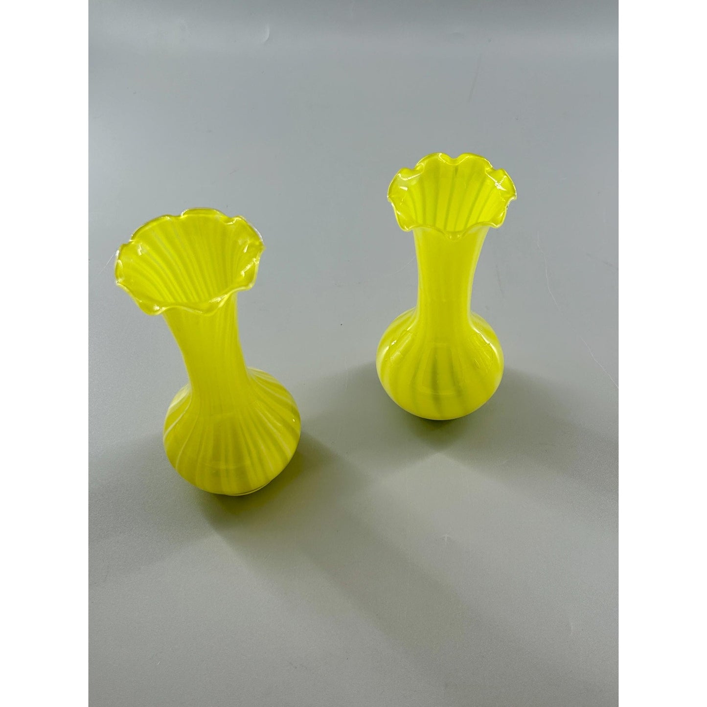Vintage Murano Style Yellow Opaline Art Glass Bud Vases Pair Ruffled Rim Hand Blown Italy