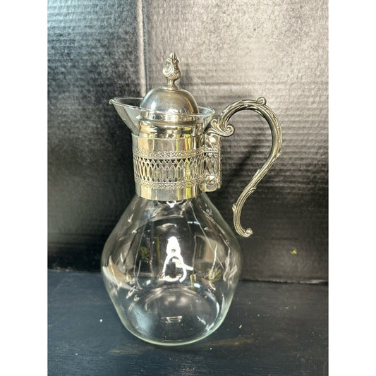 Vintage MCM CorningWare Pitcher Glass with Silver Plated Neck Handle and Lid