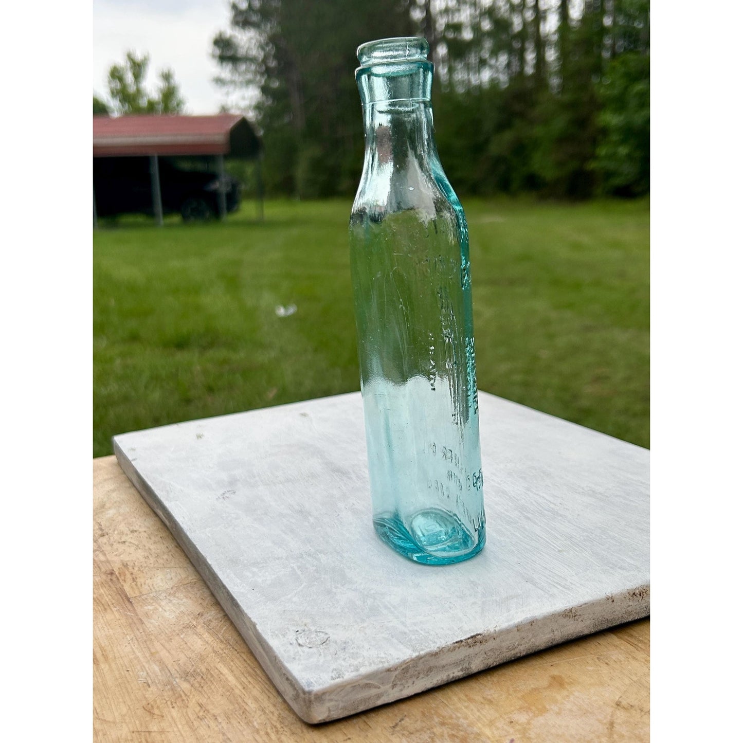 Antique Scott’s Emulsion Aqua Blue Cod Liver Oil With Lime & Soda Bottle Embossed Fisherman Patent Medicine