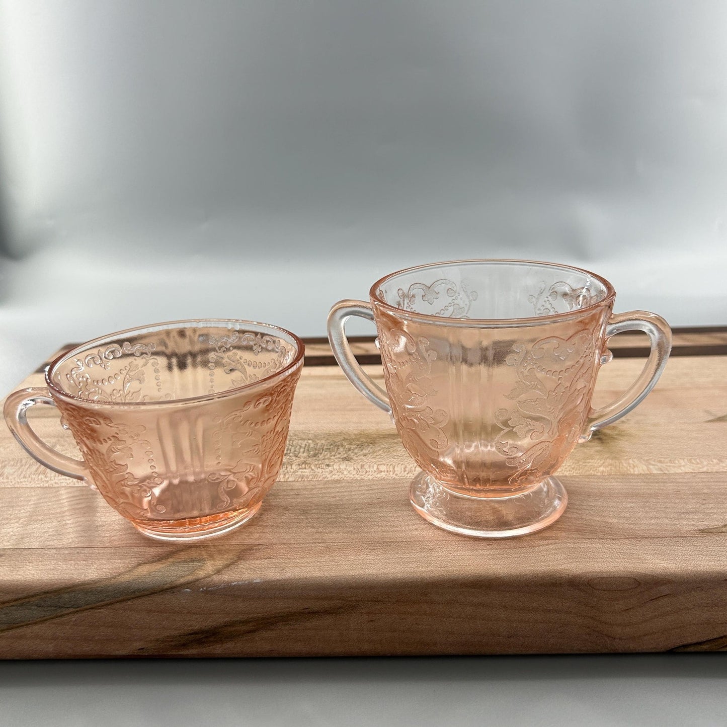 Federal Glass Madrid Pink Depression Glass Sugar & Creamer Set | 1930s Vintage Etched Tableware