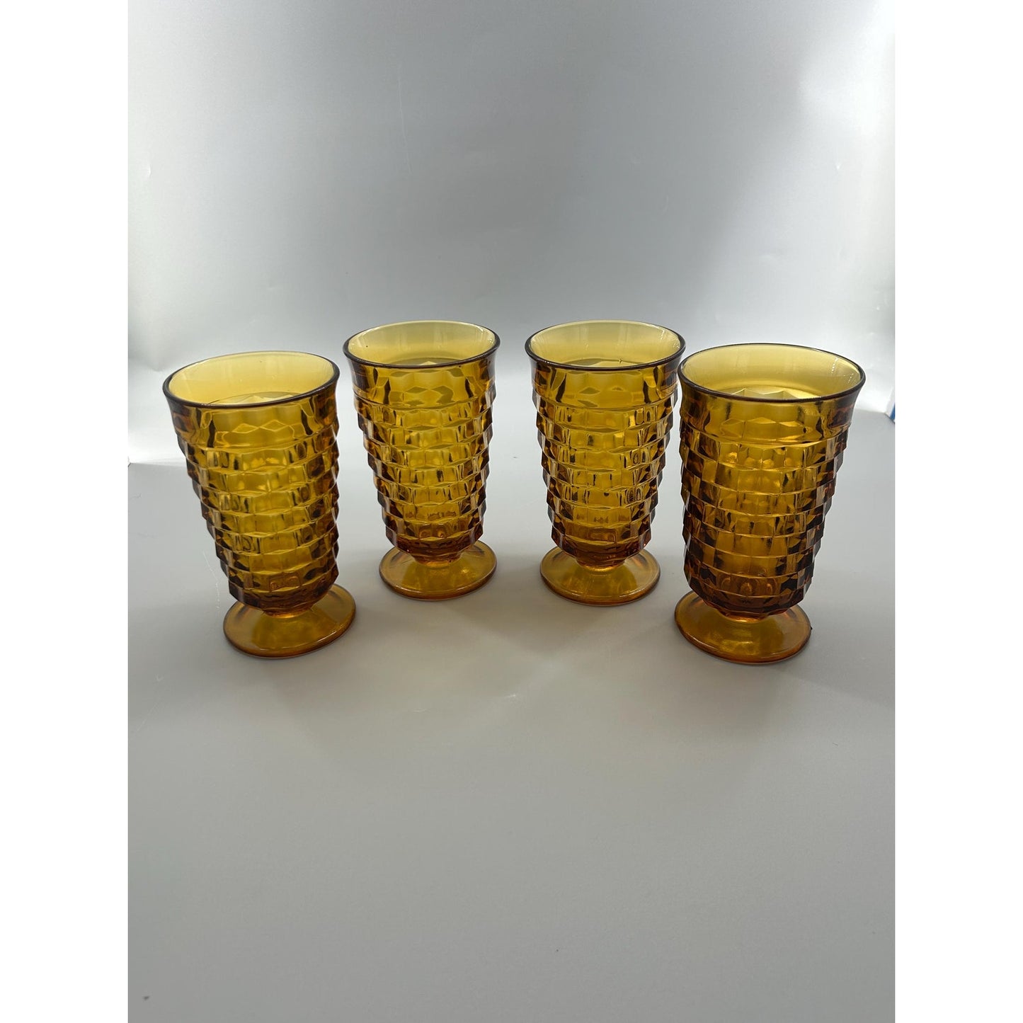 Vintage Indiana Glass Whitehall Cube Tumblers Set of 4 Amber Footed Glasses Mid Century Barware Retro Drinkware. Honey Brown Root Beer MCM