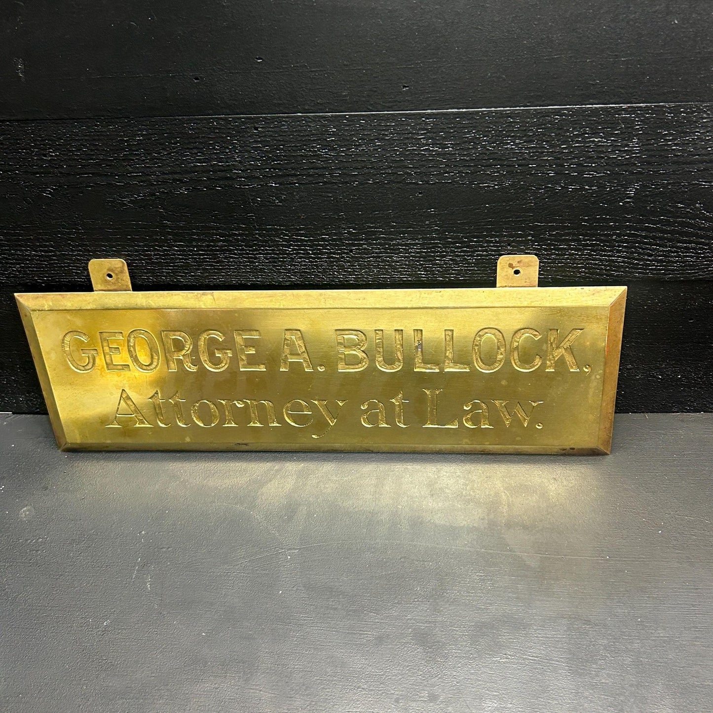 Restored Antique Brass Lawyer Sign – GEORGE A. BULLOCK Attorney at Law Plaque – Early 1900s Engraved Brass Law Office Sign. gorgeous shine!