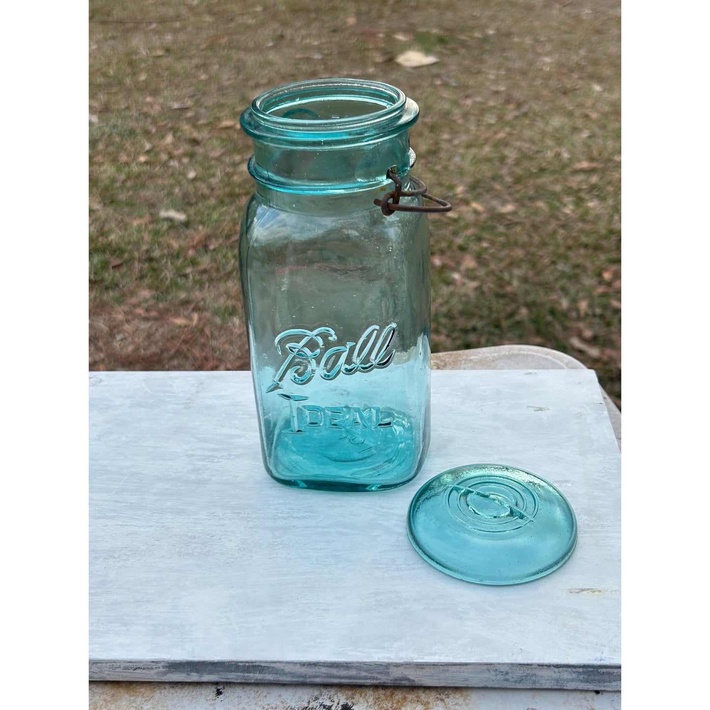 Ball Ideal square aqua mason jar overall condition