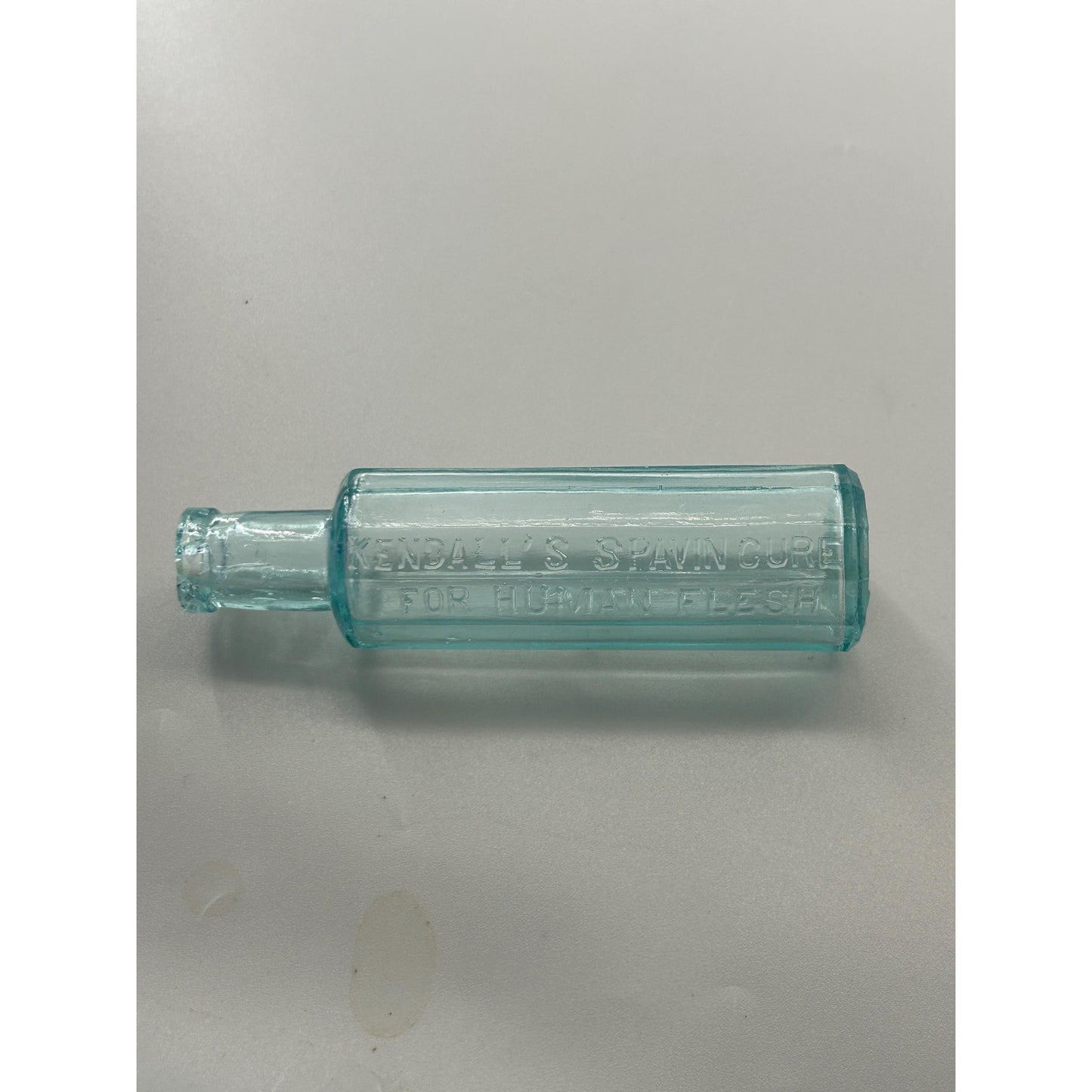Antique Kendall’s Spavin Cure For Human Flesh Bottle – Aqua Glass Embossed Patent Medicine c1900