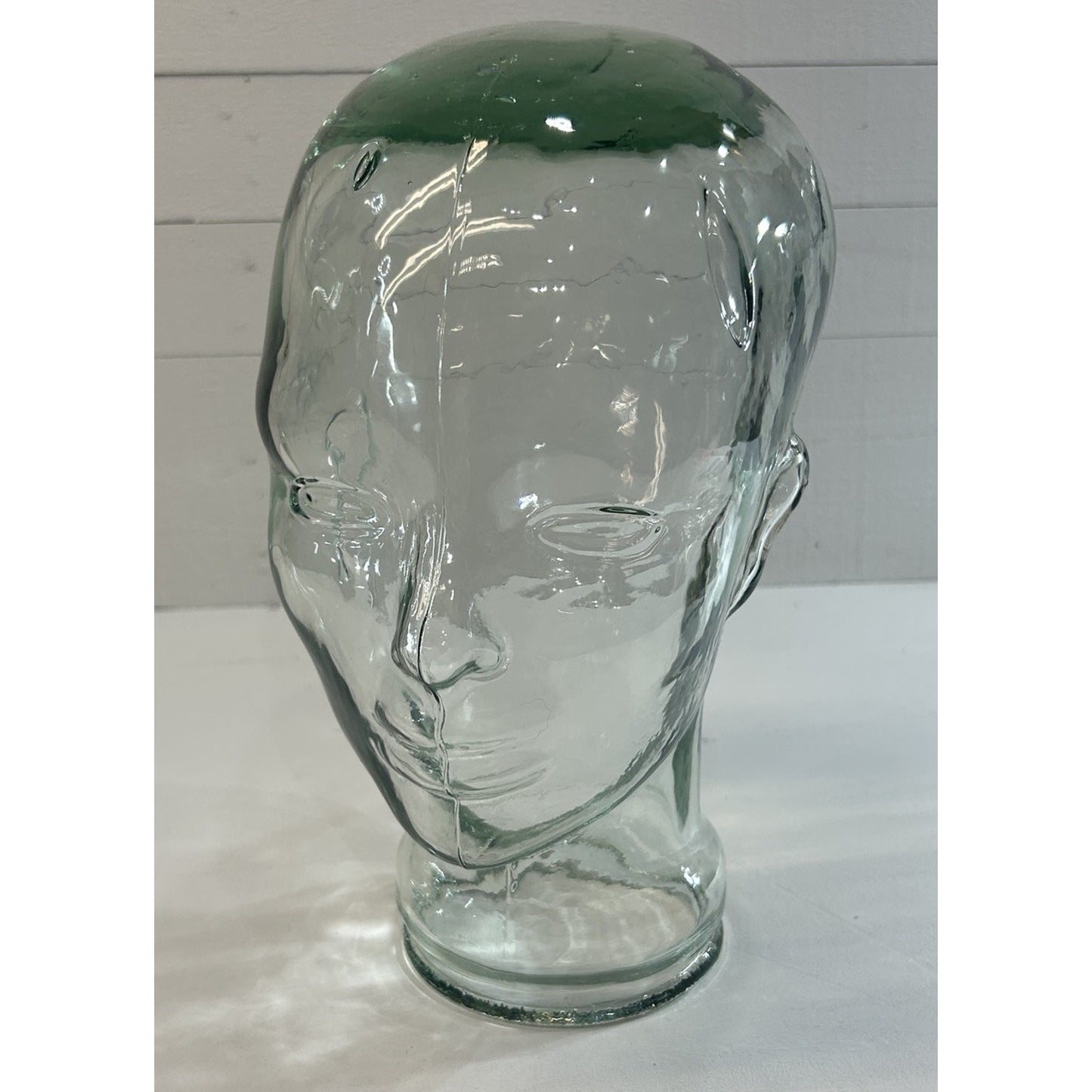 Vintage Glass Mannequin Head Clear with Green Tint & Bubbles Store Display 11.5”