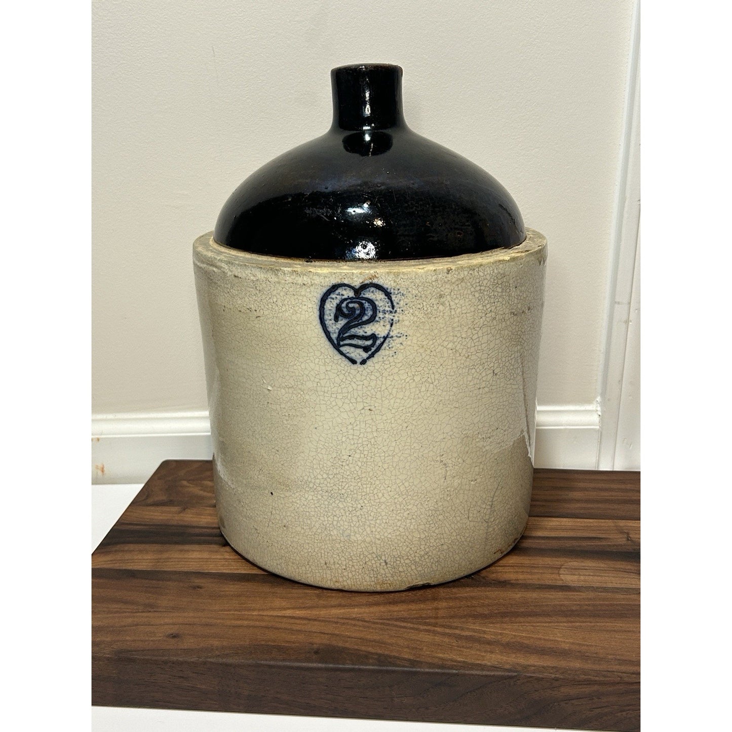 Antique Burley Winter 2 Gallon Stoneware Jug Cobalt Blue Heart Salt Glaze Crock