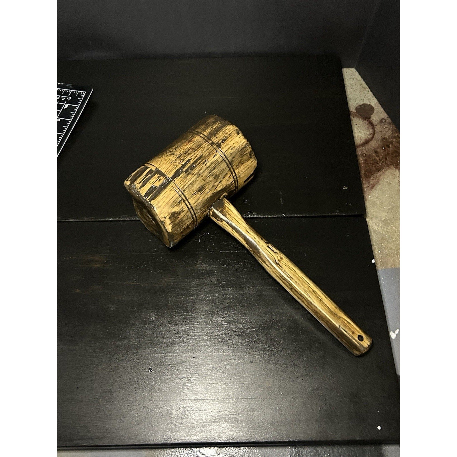 Antique joiner's mallet head detail, fitted handle and aged surface