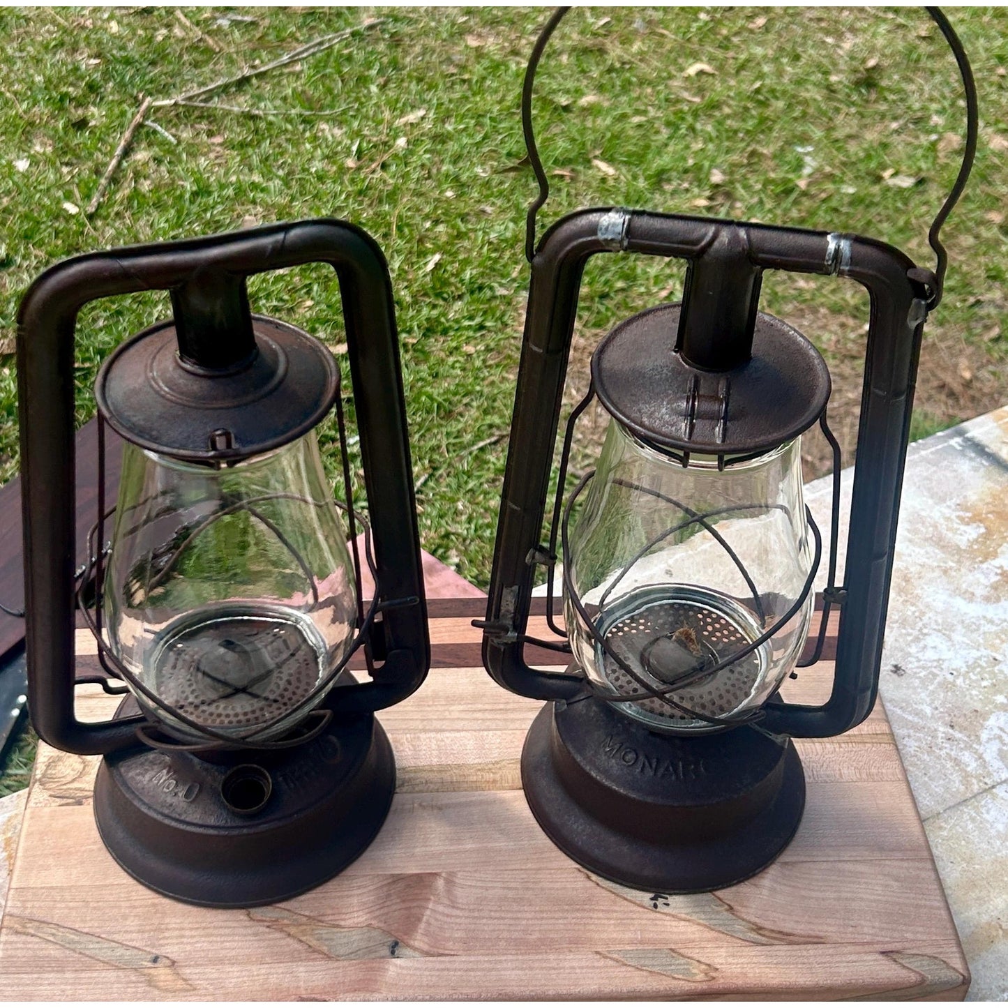 Antique Railroad Oil Lantern Pair Dietz & Monarch Tubular Lanterns Museum Conserved Patina Industrial Farmhouse Lighting Primitive Railroad