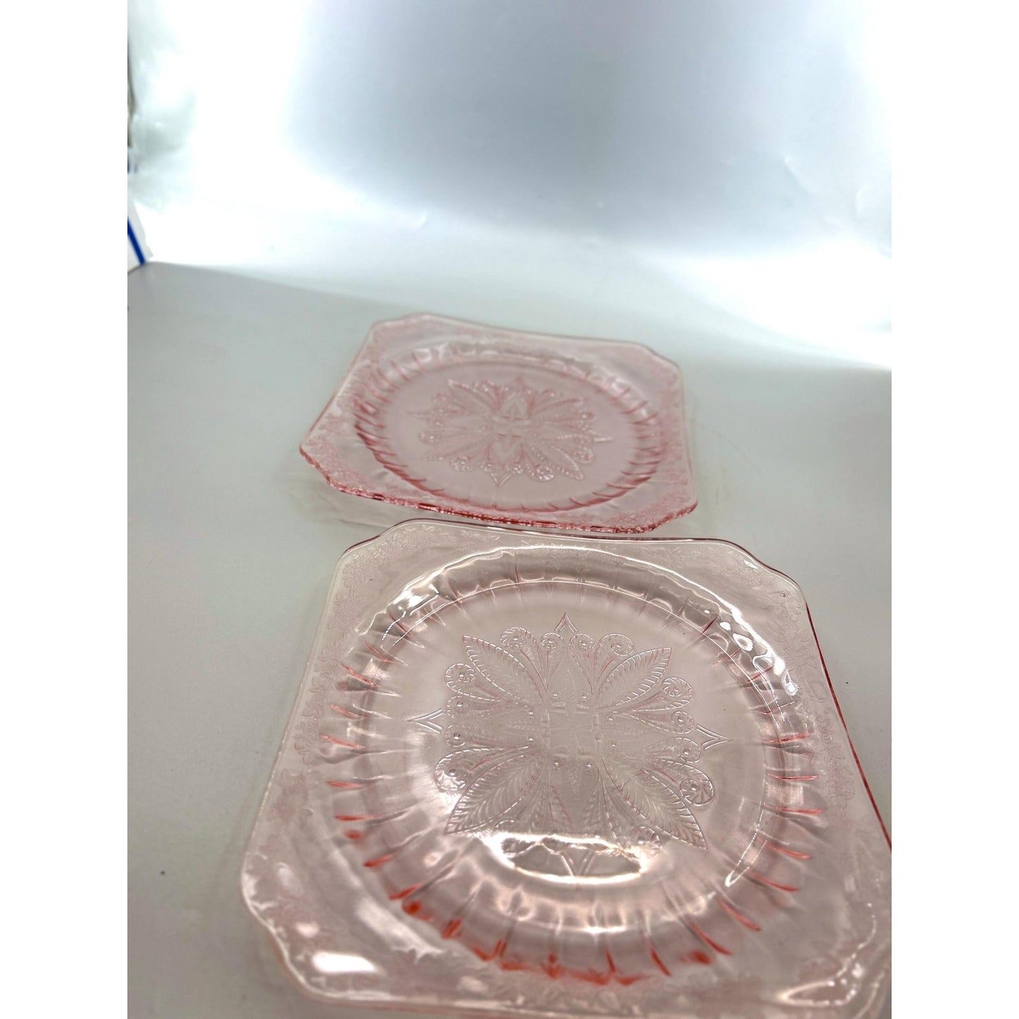 Vintage Pink Depression Glass Plates Set of 2 Etched Floral Square Luncheon Salad Plates Art Deco Glassware
