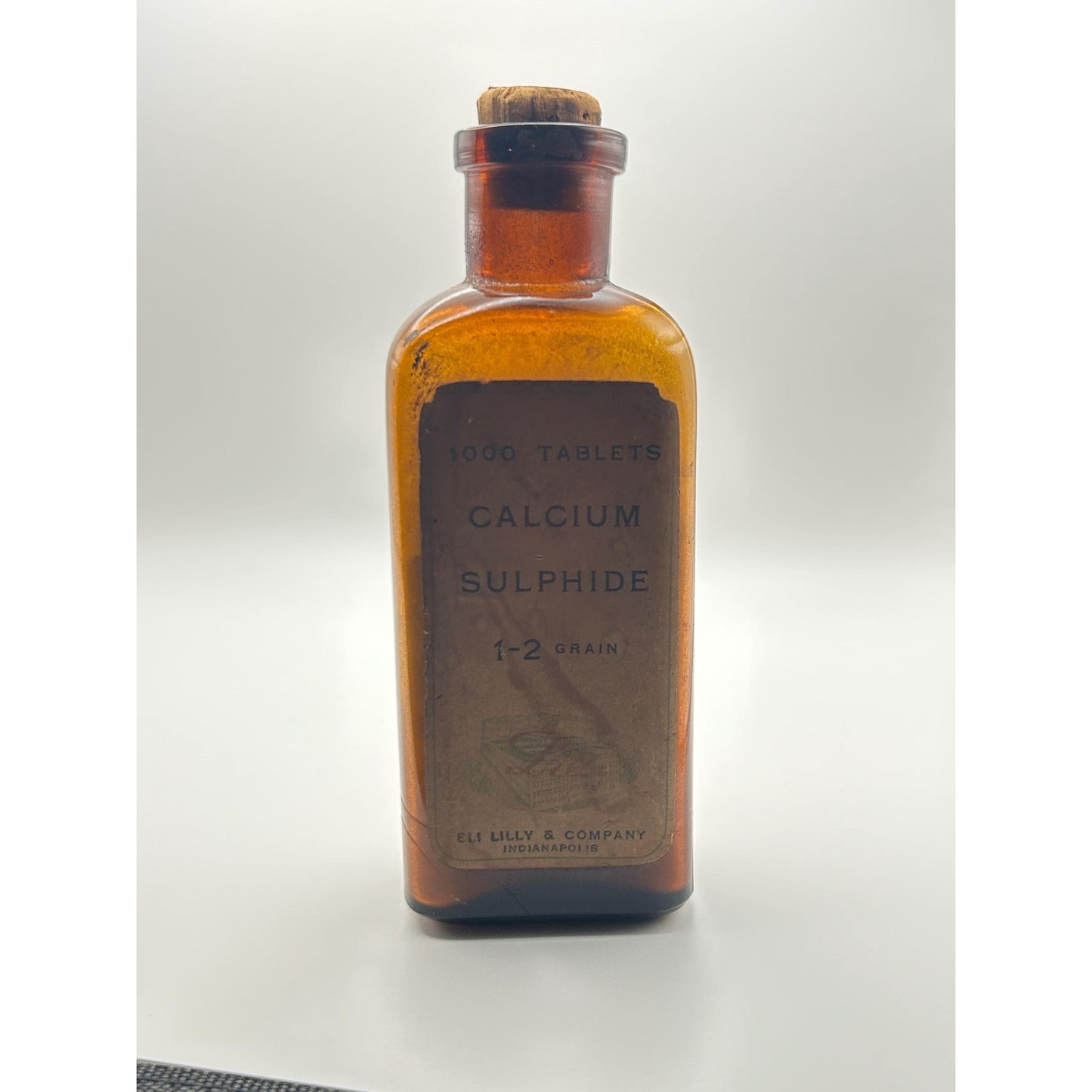 Antique Eli Lilly Calcium Sulphide Tablet Bottle w/ Original Contents & Cork