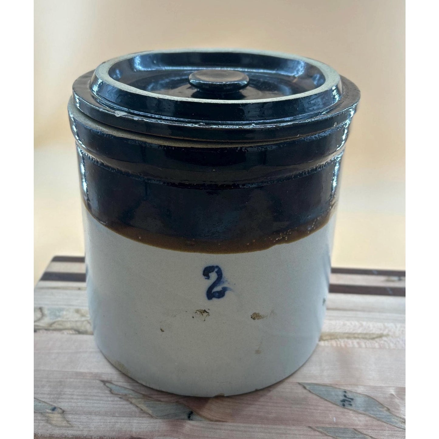 Antique 2 Gallon Stoneware Crock w/ Lid Salt Glaze Cobalt #2 Albany Slip