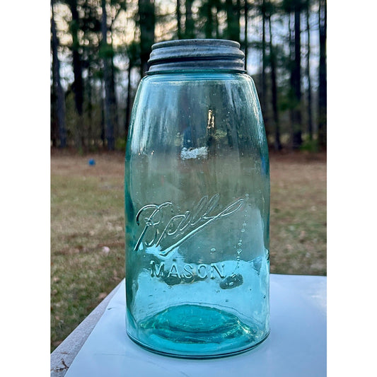 Ball Triple L half gallon aqua mason jar seed bubbles front