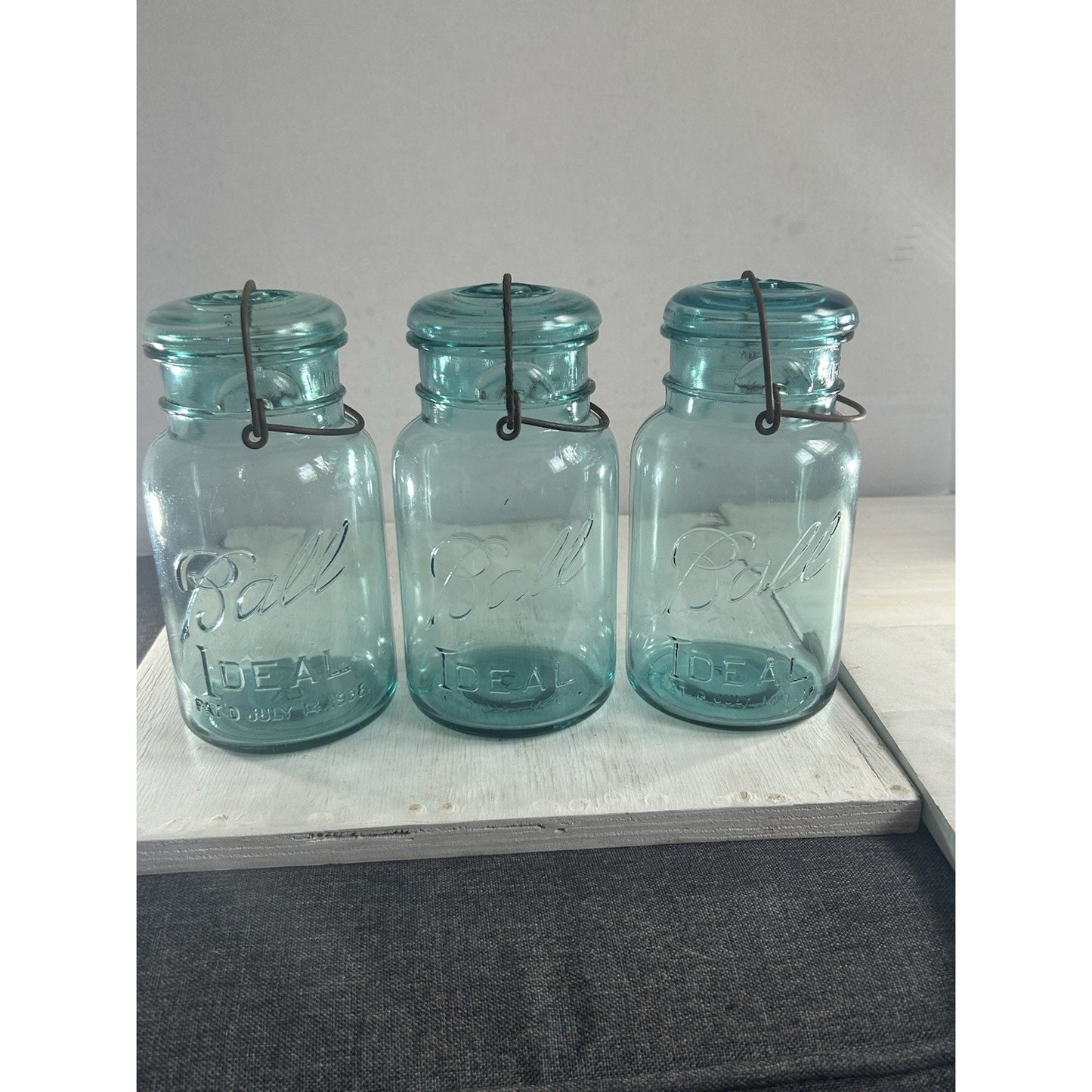 Lot of 3 Ball Ideal Blue Wire Bail Mason Jars Pat’d 1908 Vintage Quart Set. RARE