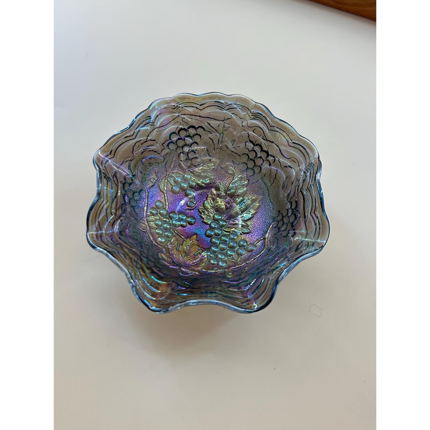 Antique Imperial Carnival Glass Grape & Cable Ruffled Bowl • Amethyst Iridescent Pressed Glass Berry Dish • Early 1900s Vintage Carnival