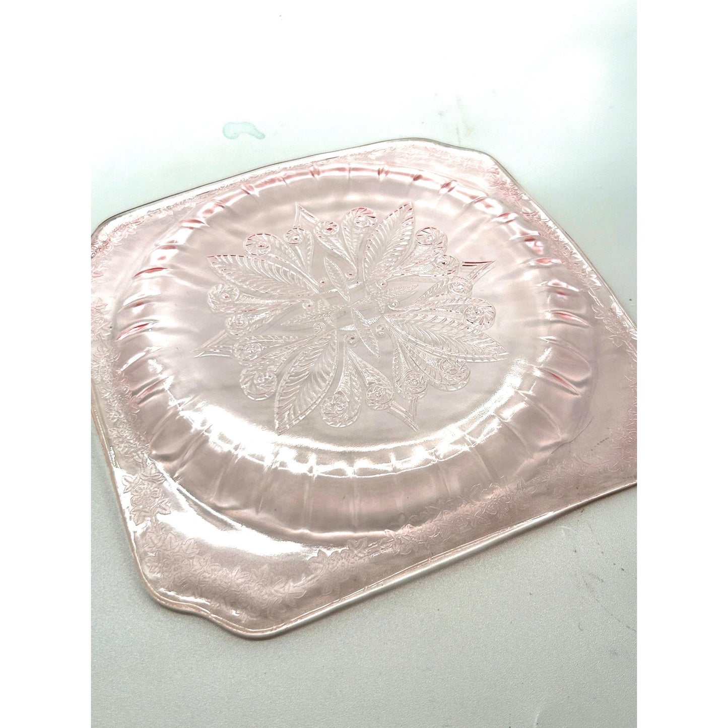 Vintage Pink Depression Glass Plates Set of 2 Etched Floral Square Luncheon Salad Plates Art Deco Glassware
