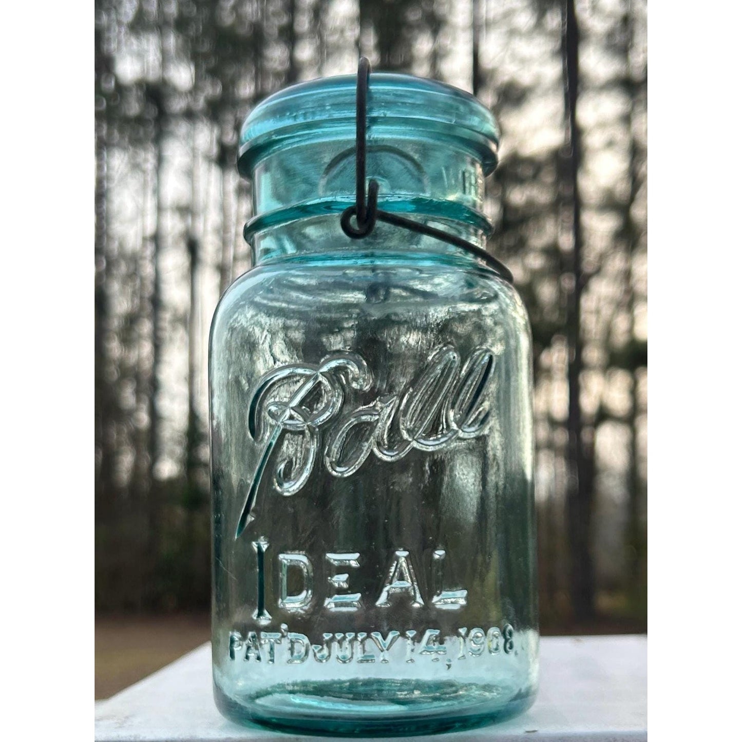 Antique Ball Ideal Aqua Blue Mason Jar Wire Bail Glass Lid Pat July 14 1908 Deep Embossed Fruit Jar Vintage Canning Jar Farmhouse Kitchen