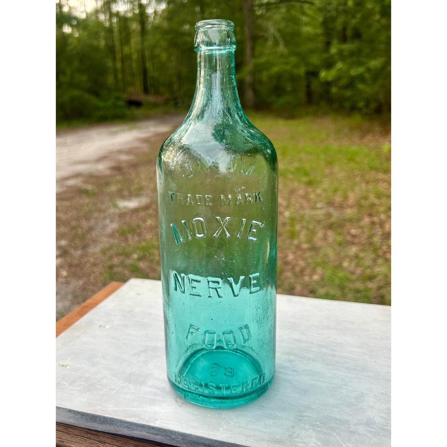 Antique Moxie Nerve Food Registered Bottle Aqua Glass Lowell MA Quack Medicine Soda Advertising Early 1900s Rare Display