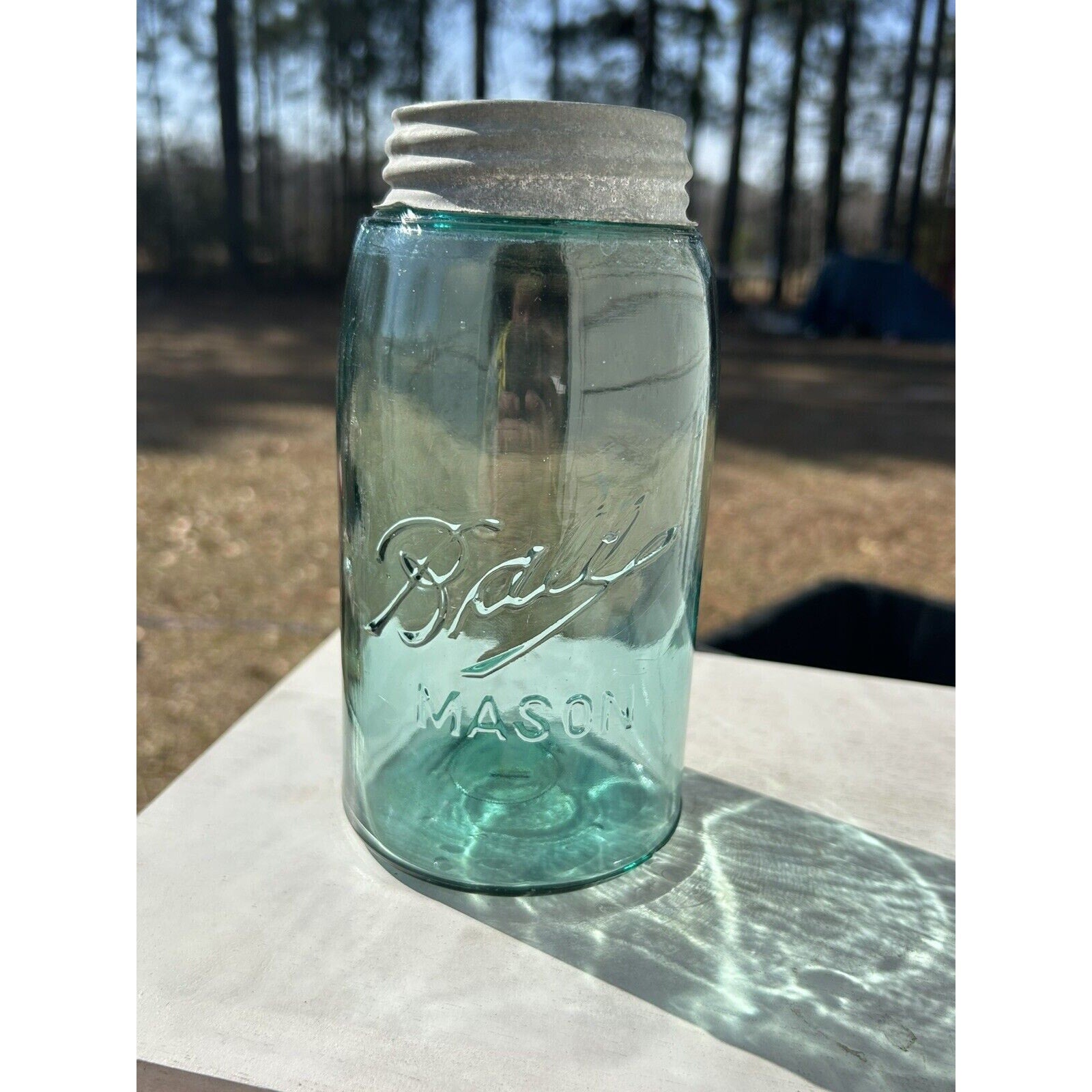 Antique Ball Triple L mason jar top view aqua blue opening