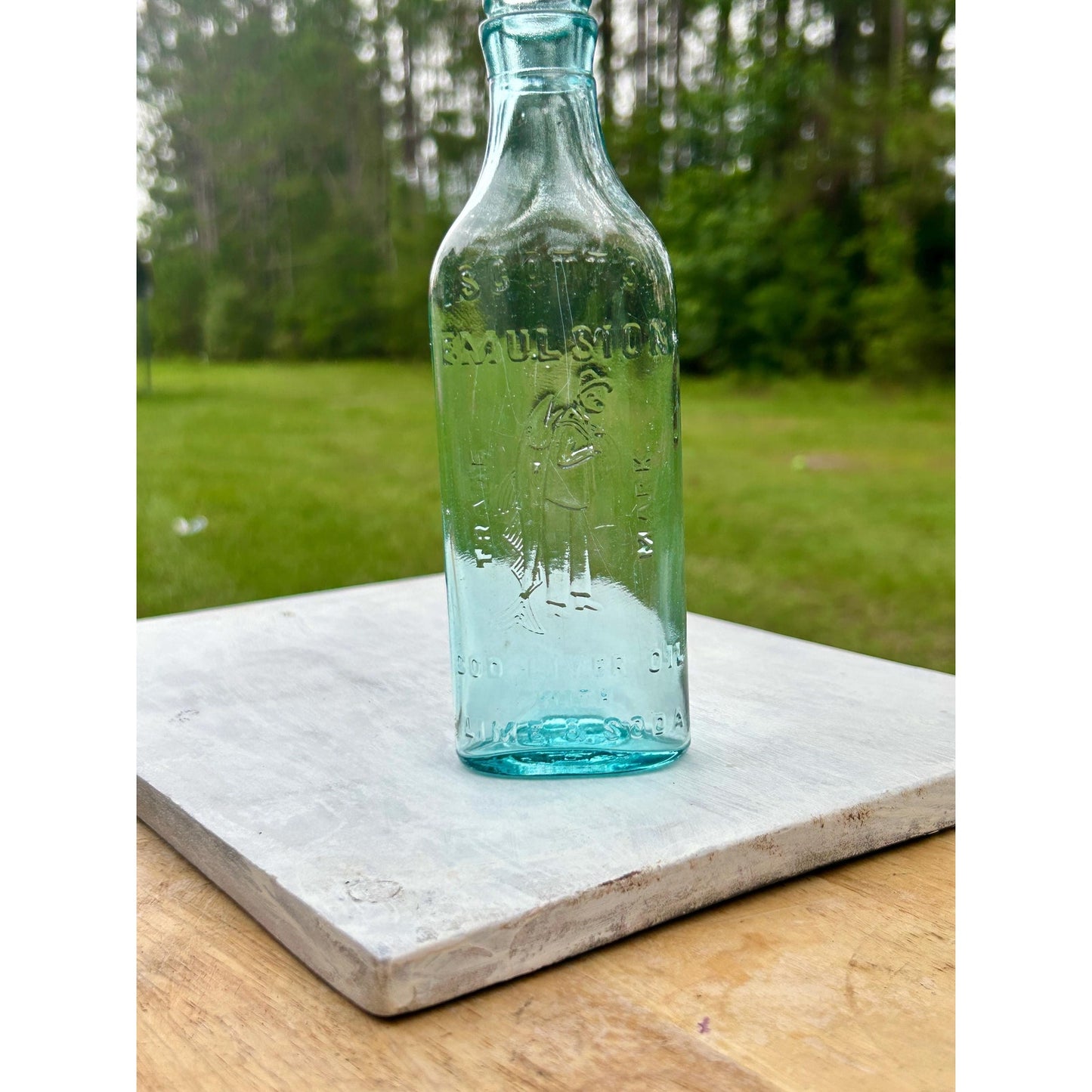 Antique Scott’s Emulsion Aqua Blue Cod Liver Oil With Lime & Soda Bottle Embossed Fisherman Patent Medicine