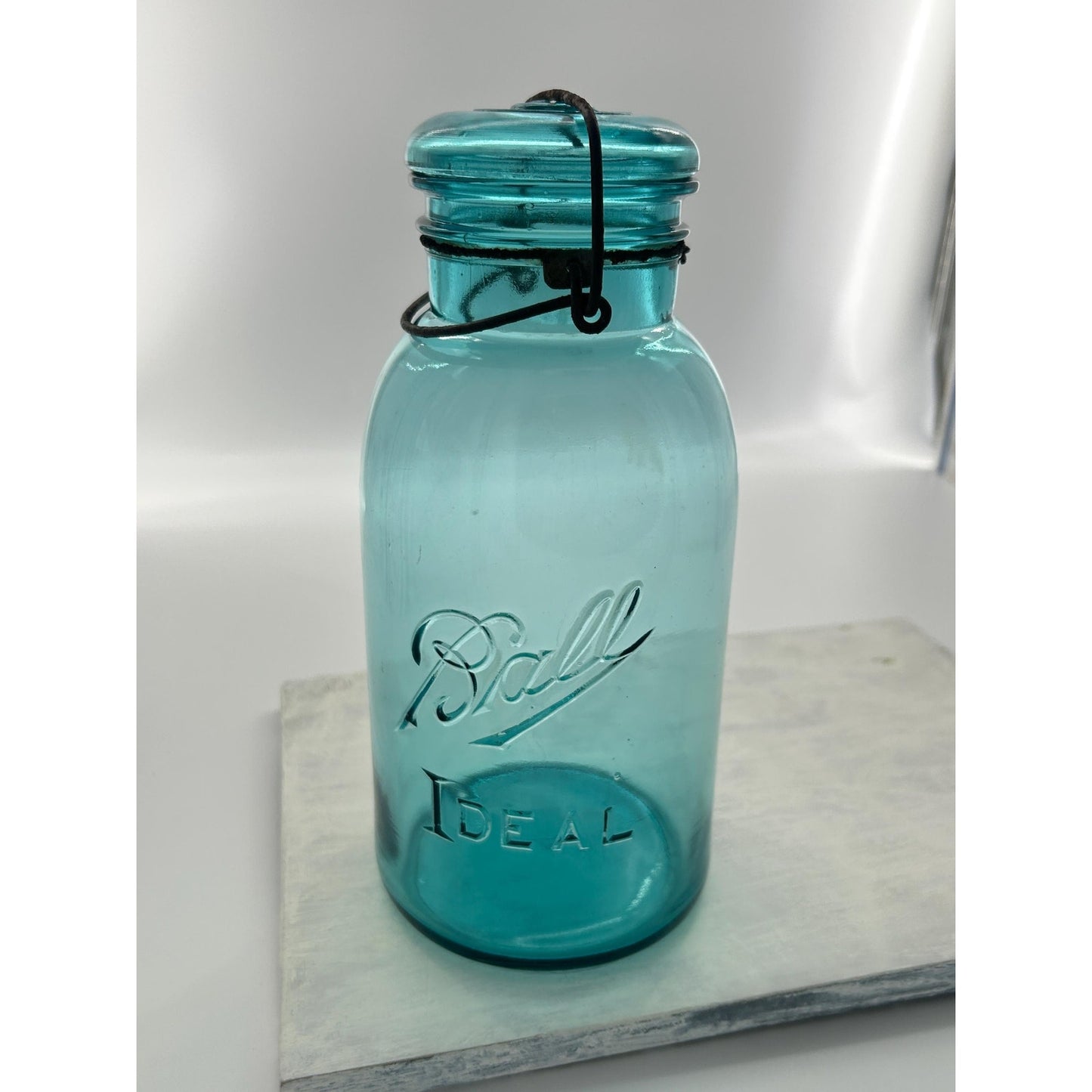 Ball Ideal Aqua Glass Mason Jar w/ Wire Bail Rustic Farmhouse Decor