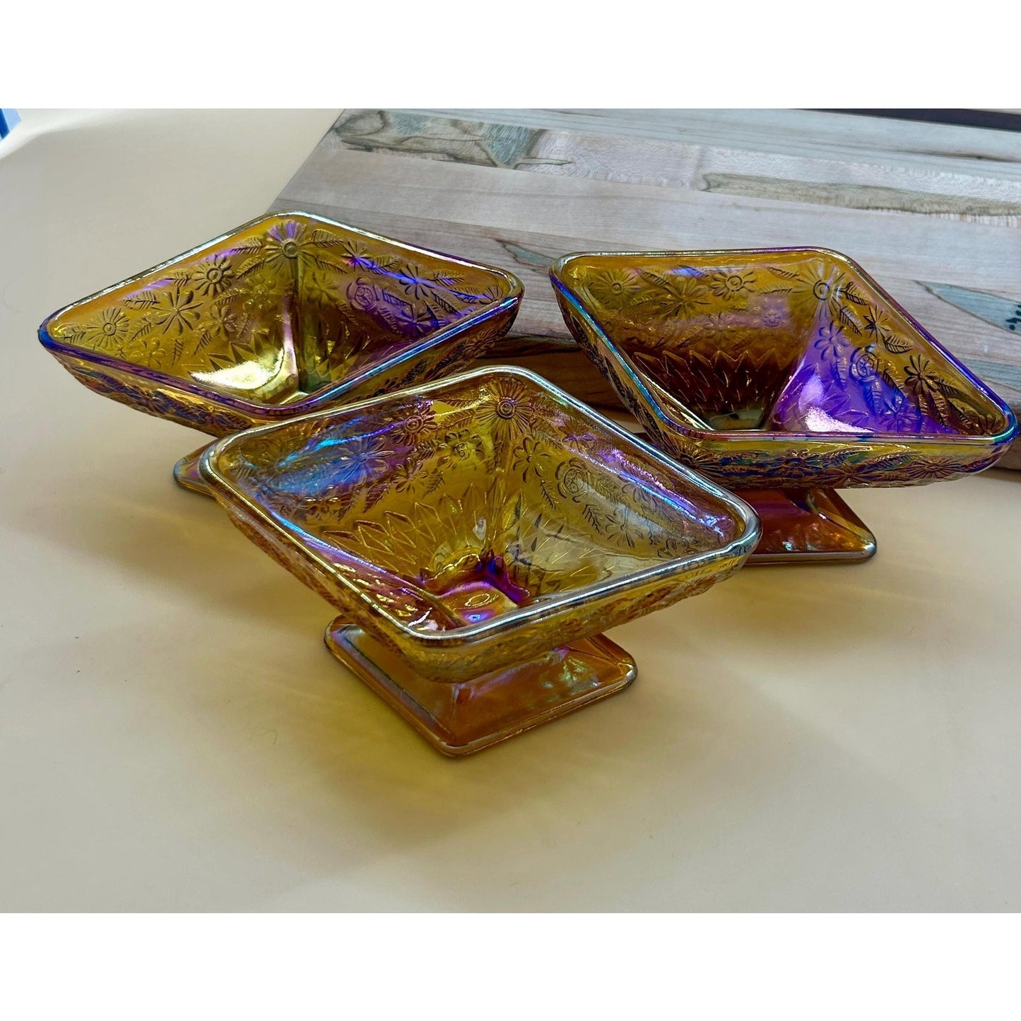 Vintage Marigold Carnival Glass Pedestal Bowls Set of 3 Iridescent Amber Pressed Glass Dessert Bowls Footed Carnival Glass Candy Dish Set