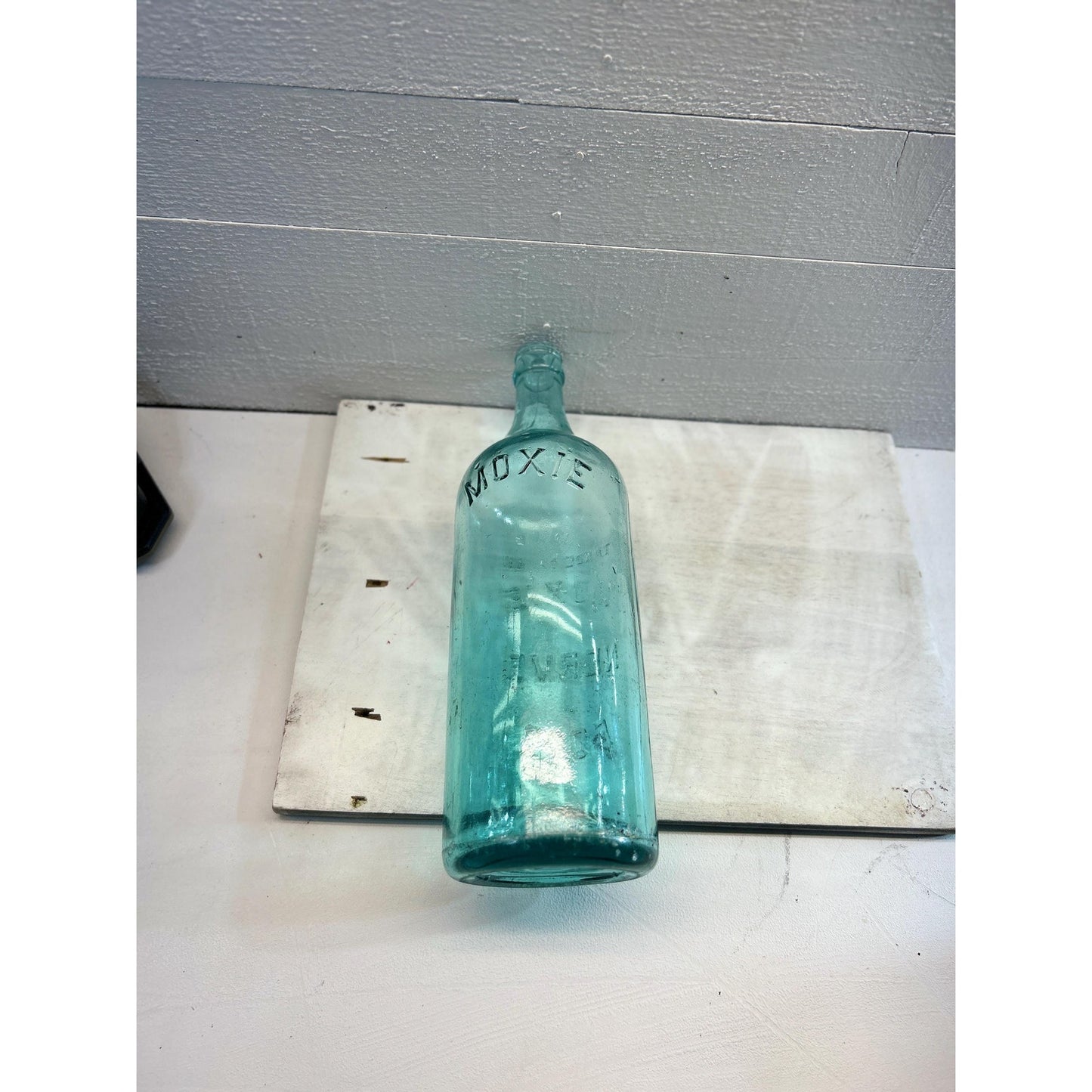 Antique 1880s Moxie Nerve Food Bottle – Aqua Blue Glass – Patent Medicine Soda Tonic Apothecary Collectible – Rare 12 Inch Embossed Bottle