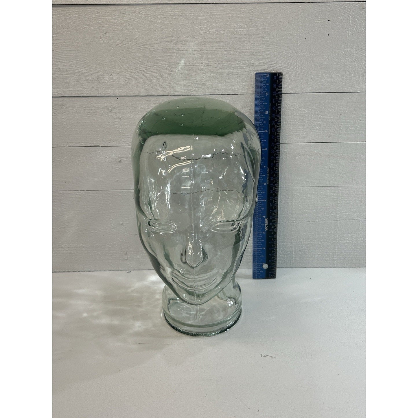 Vintage Glass Mannequin Head Clear with Green Tint & Bubbles Store Display 11.5”