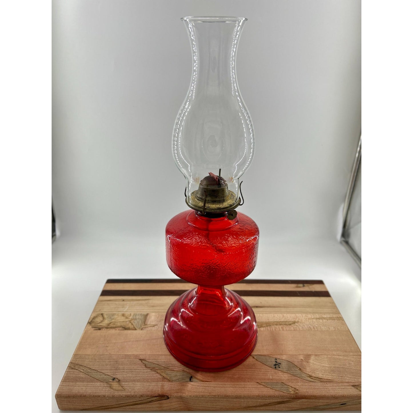 Antique Ruby Red Glass Oil Lamp 22” Tall – Figural Heron Marsh Scene Pedestal – Victorian Kerosene Parlor Lamp – Cranberry Pressed Glass
