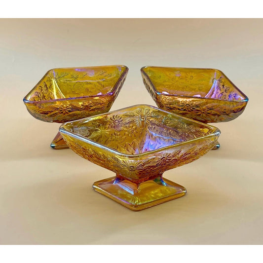 Vintage Marigold Carnival Glass Pedestal Bowls Set of 3 Iridescent Amber Pressed Glass Dessert Bowls Footed Carnival Glass Candy Dish Set