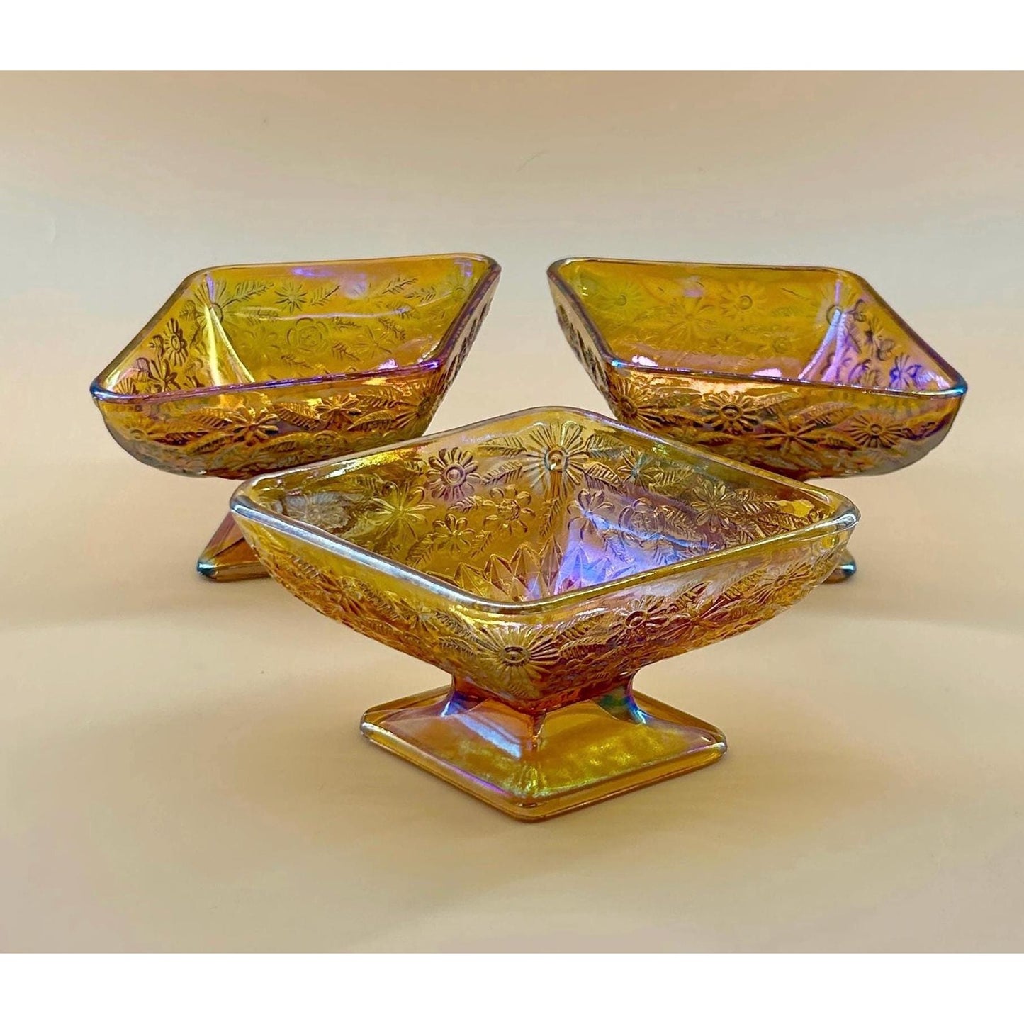 Vintage Marigold Carnival Glass Pedestal Bowls Set of 3 Iridescent Amber Pressed Glass Dessert Bowls Footed Carnival Glass Candy Dish Set