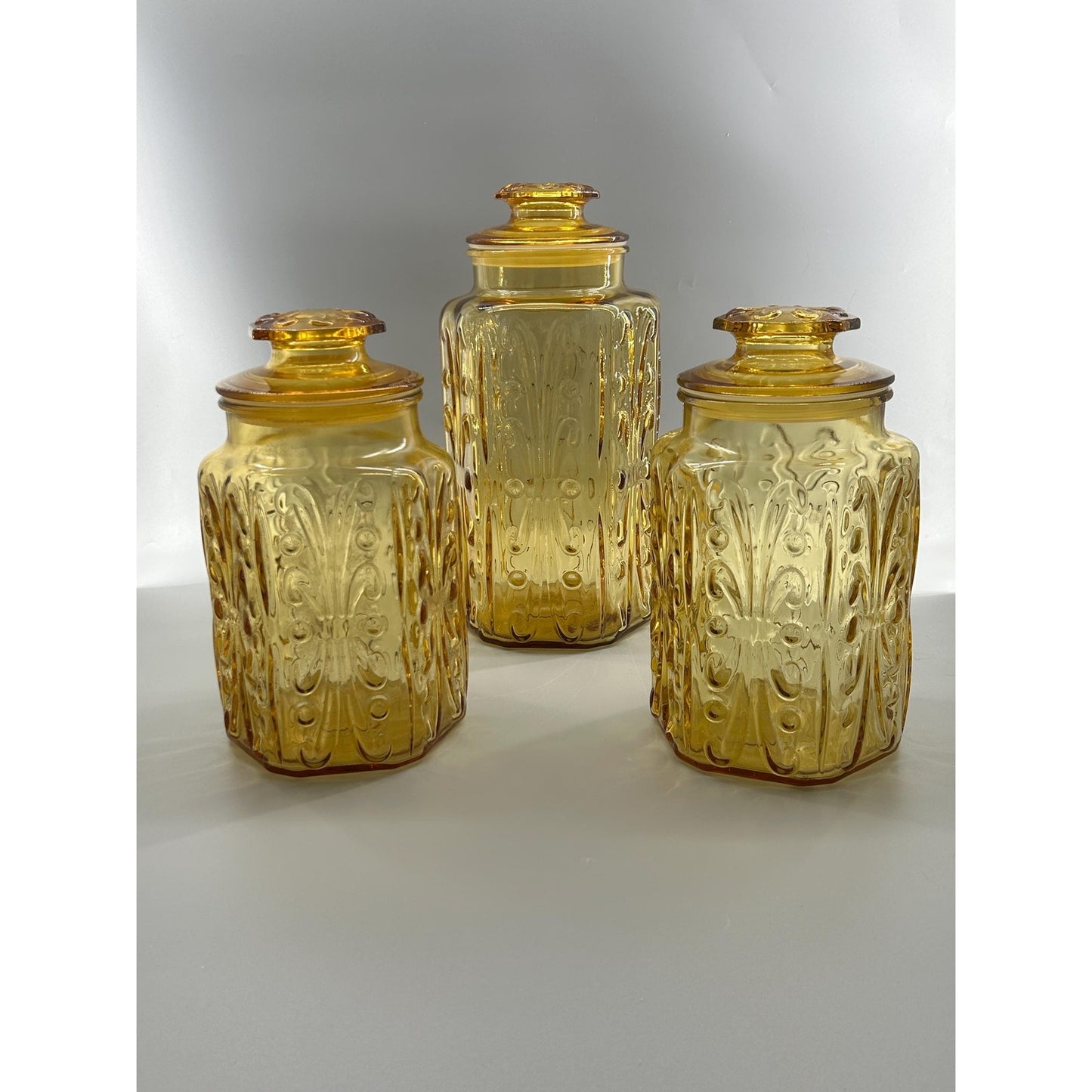Indiana Honey Amber Glass Apothecary Jars Set of 3, Vintage MCM Kitchen Canisters, Retro Farmhouse Storage, Cookie Jar