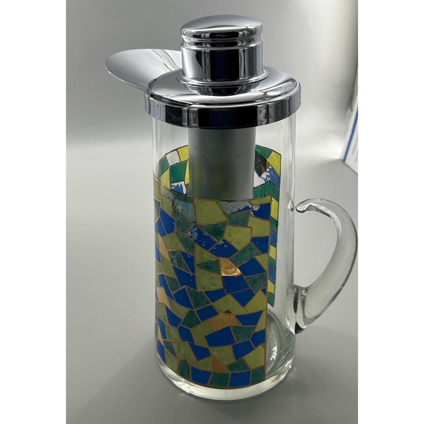 Mid Century Modern Mosaic Glass Pitcher w Chrome Lid & Ice Tube Insert – 1960s Atomic Barware – Retro MCM Entertaining