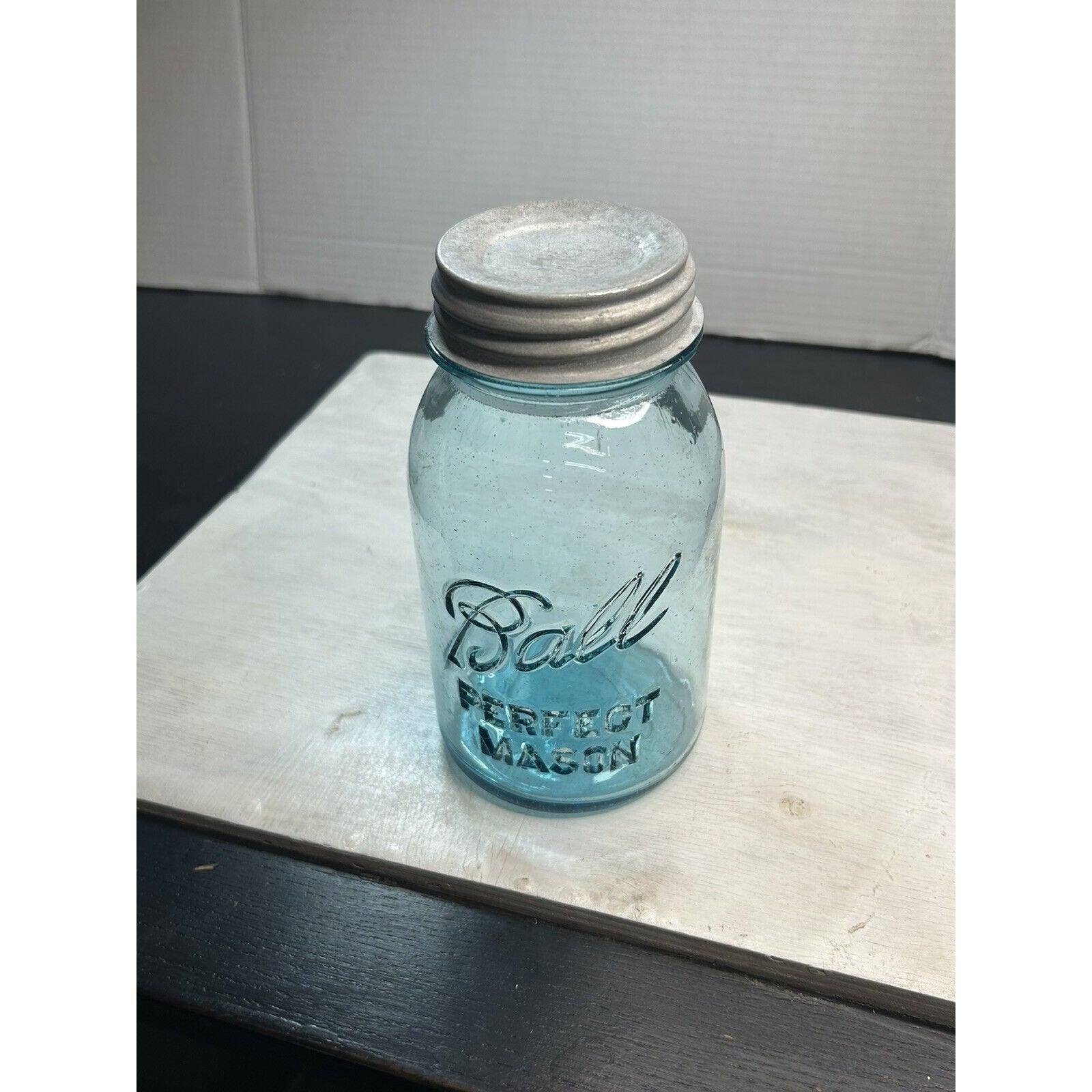 Antique Ball Perfect Mason offset script quart jar — back view showing full embossed text placement and aqua glass