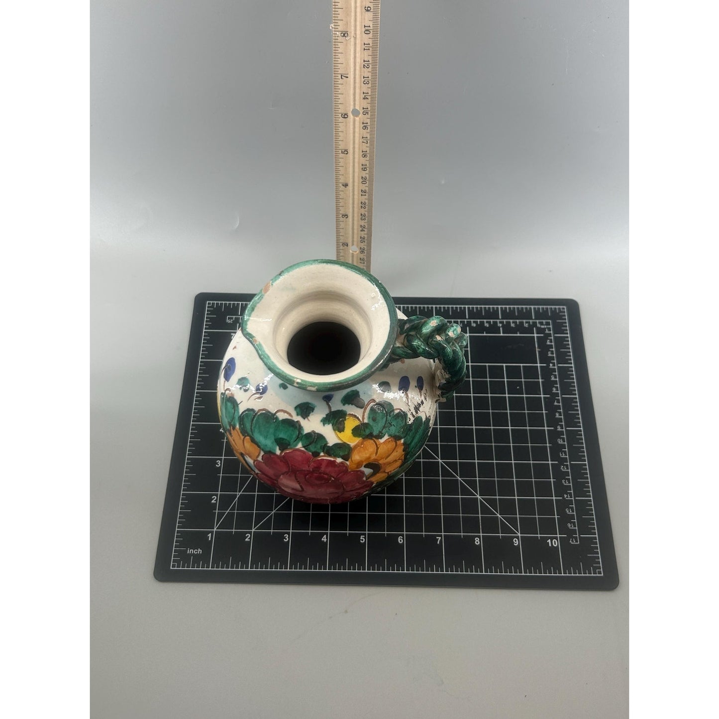 Vintage Hand Painted Spanish Majolica Talavera Style Faience Pitcher Twisted Handle Floral Jug