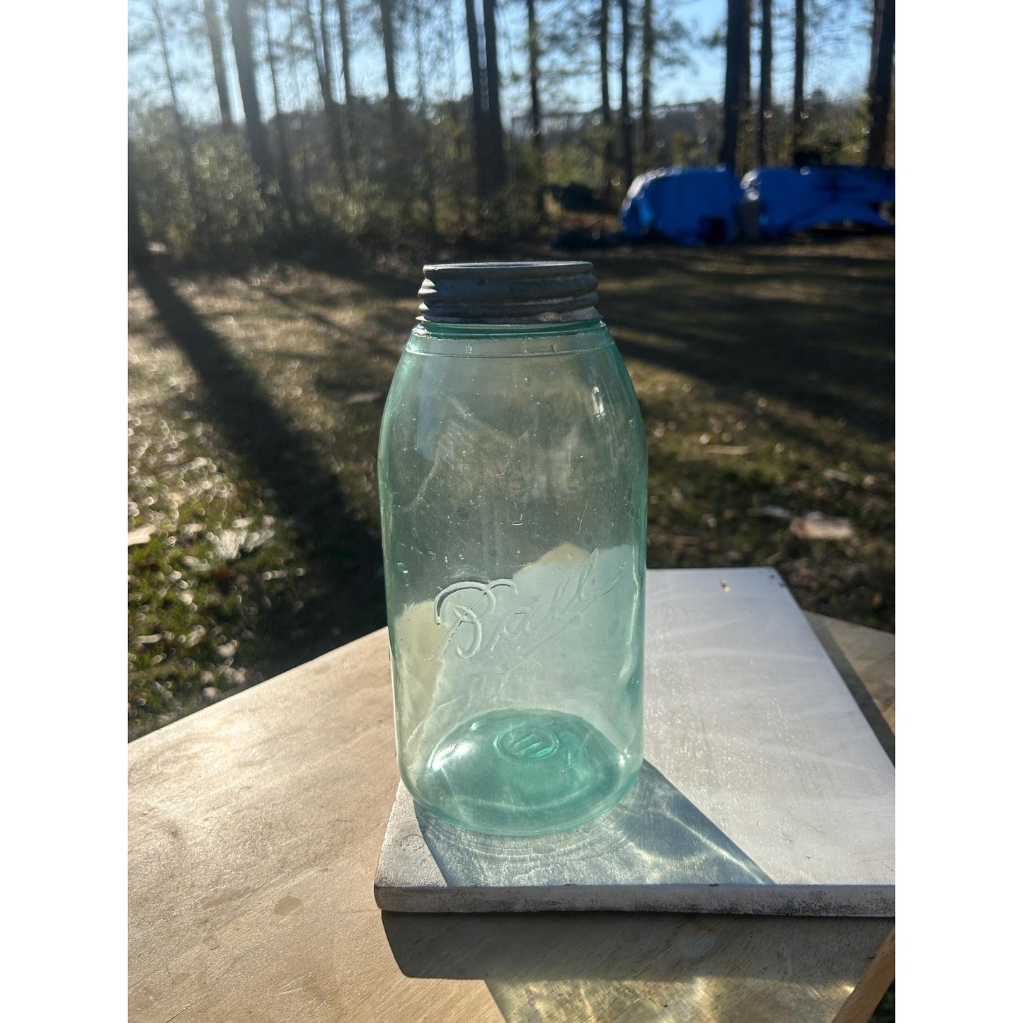 Antique Ball Triple L Half Gallon Aqua Mason Jar 1900–1910 Early Script Ball Bros Original Zinc Lid