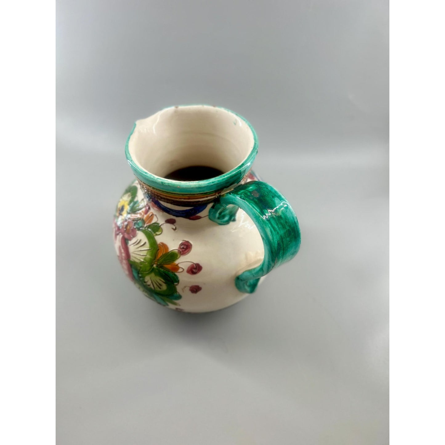 Vintage Spanish Talavera Faience Pottery Pitcher Hand Painted Floral Ceramic Jug Majolica