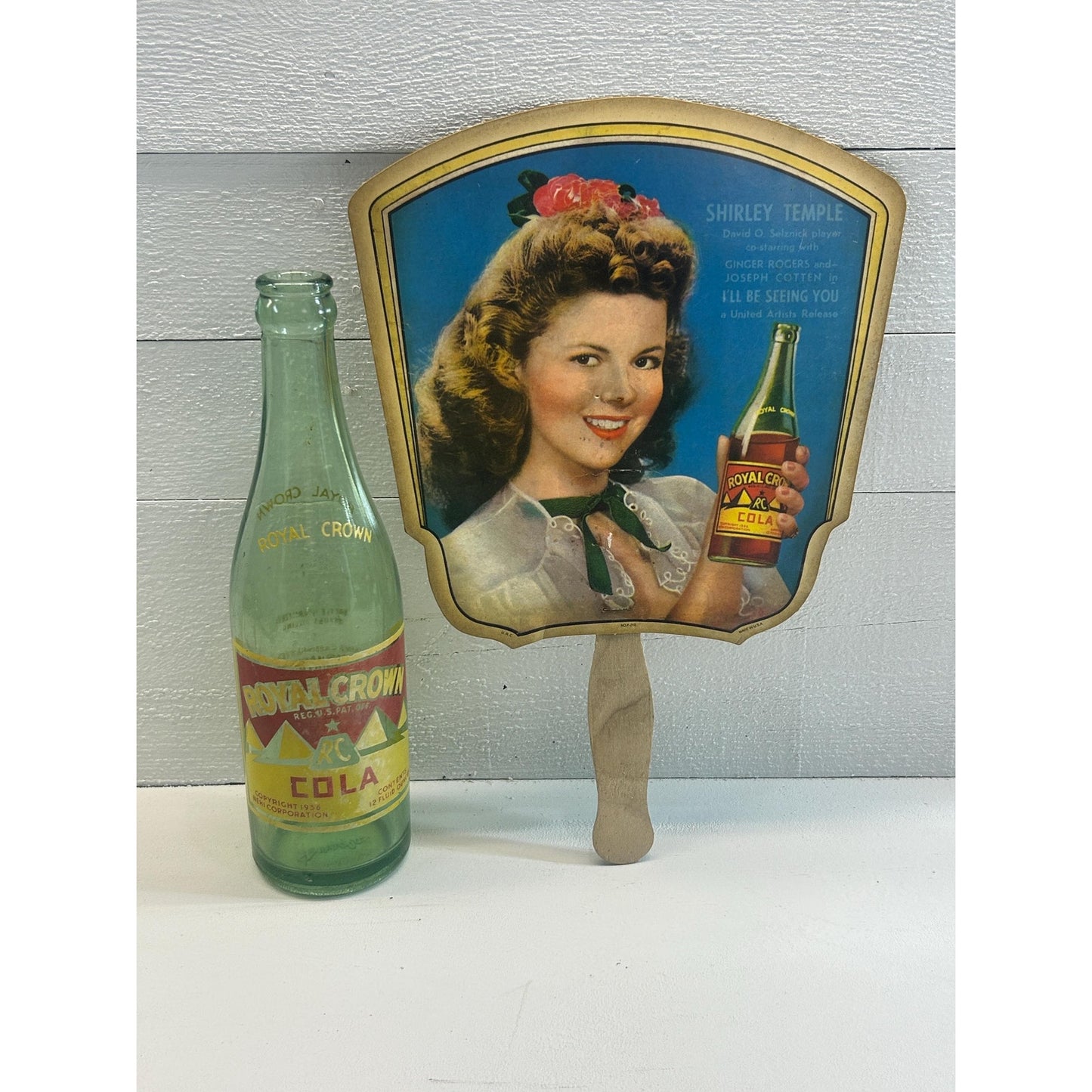 Vintage RC Royal Crown Cola Bottle & Shirley Temple Advertising Fan – 1930s 1940s Soda Memorabilia Lot – Nehi Cola Advertising Collectibles
