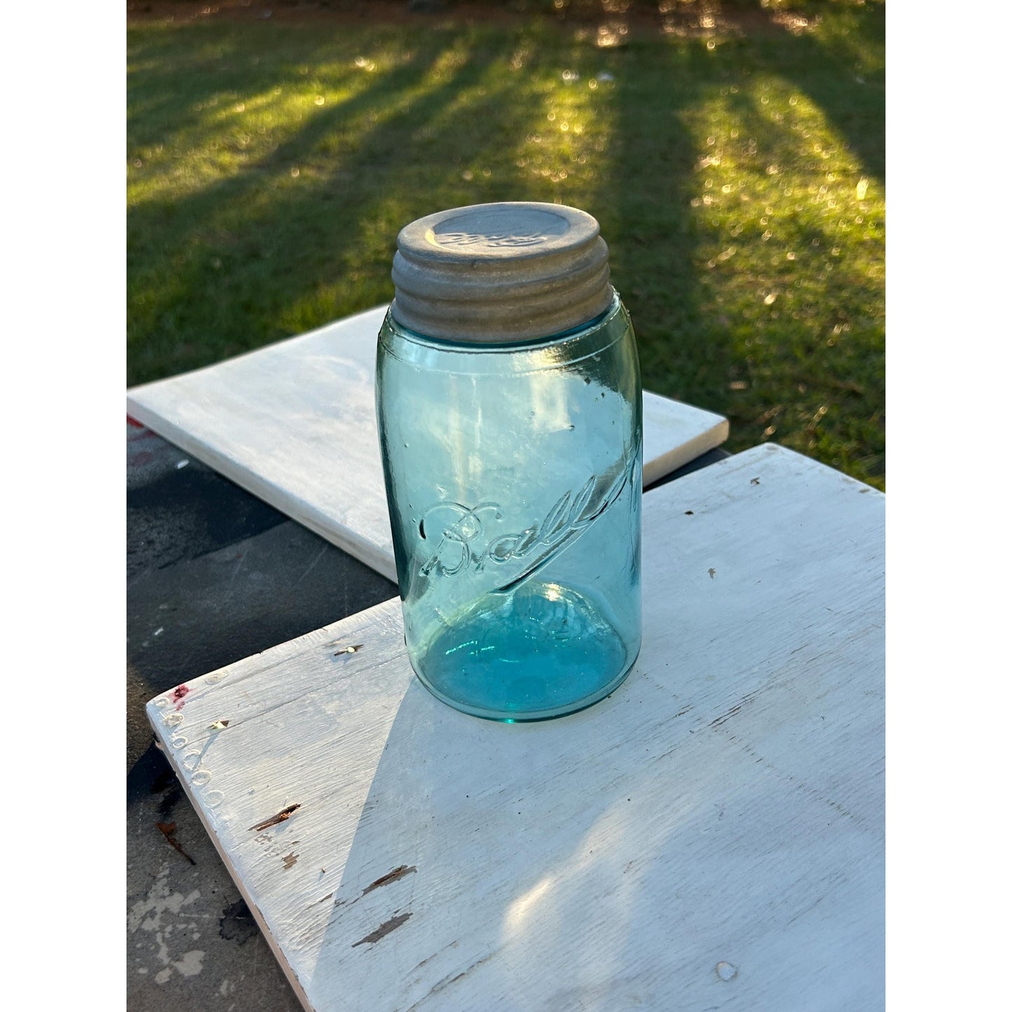 1900-1910 Ball Mason W "triple L Jar Quart Aqua Blue Glass W Lots Of Bubbles! | Mason_jar | Rare_jar | Blue_mason | Home_decor | Zinc