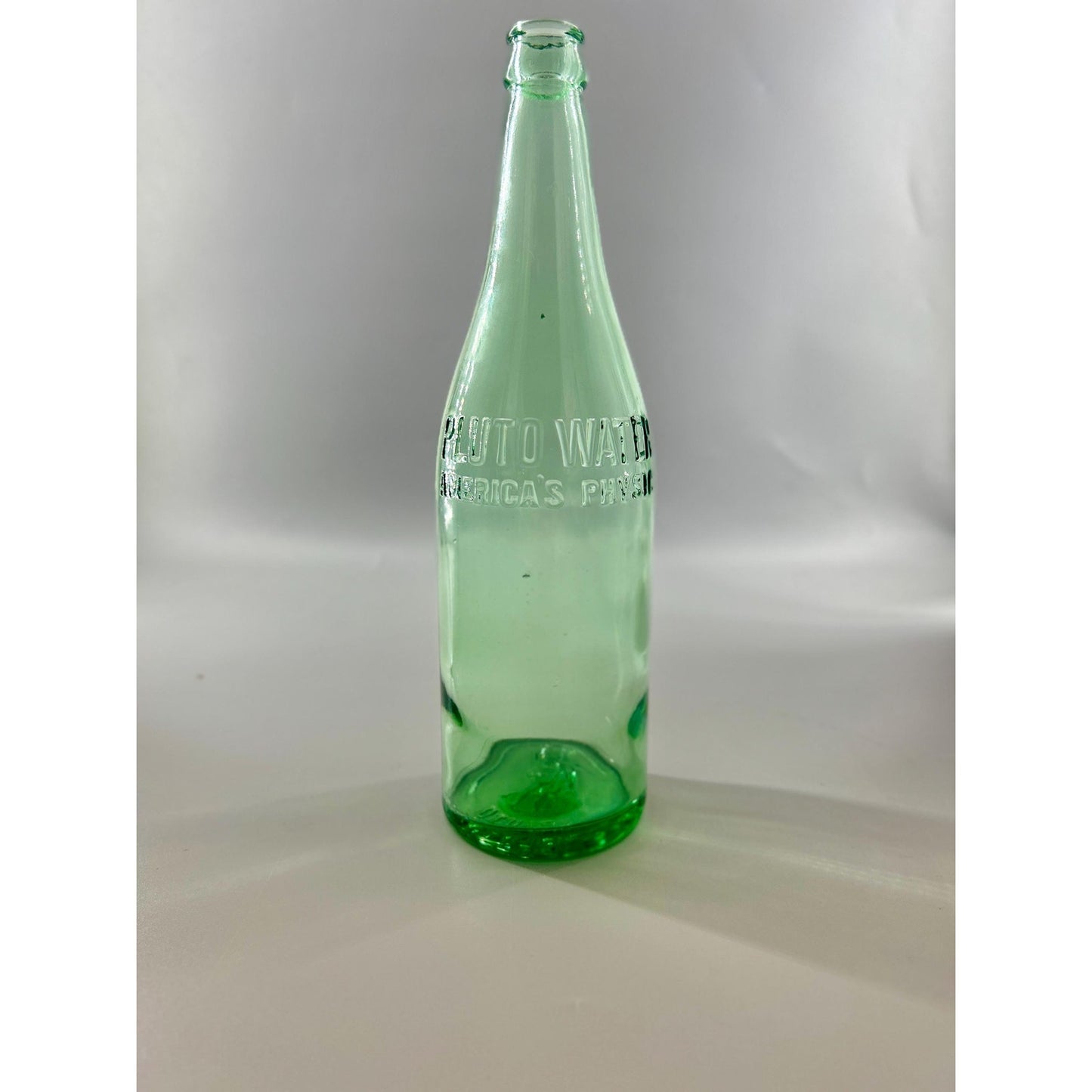 Antique Pluto Water Bottle America’s Physic Devil Logo Base Embossed Aqua Green Mineral Water c1920s