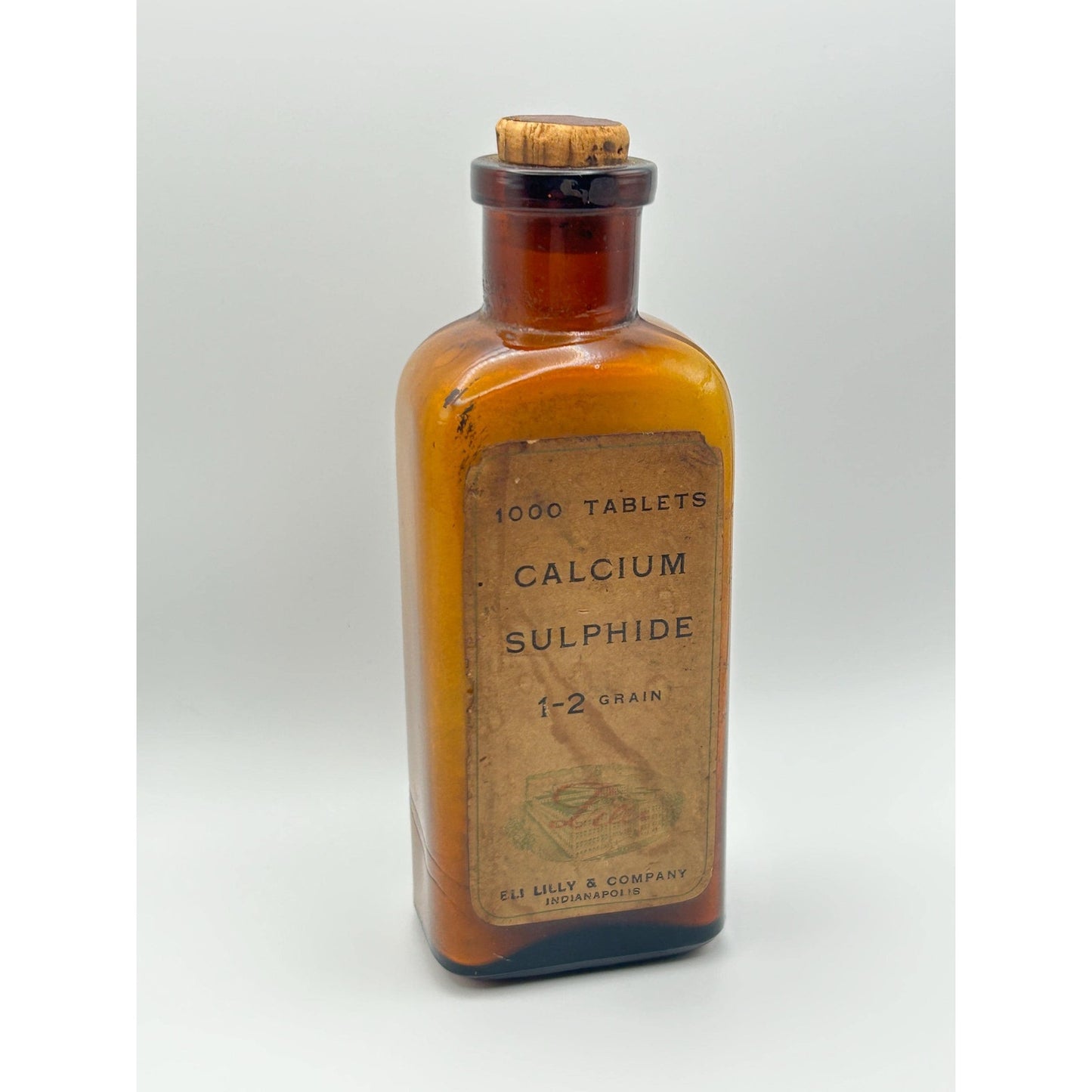 Antique Eli Lilly Calcium Sulphide Tablet Bottle w/ Original Contents & Cork