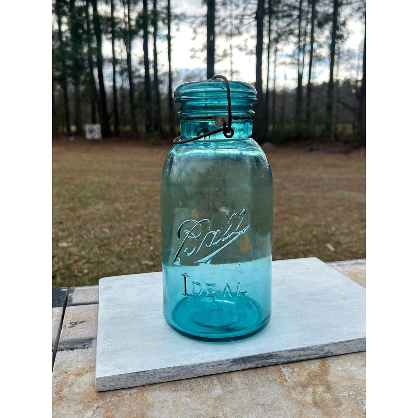 Ball Ideal Aqua Glass Mason Jar w/ Wire Bail Rustic Farmhouse Decor