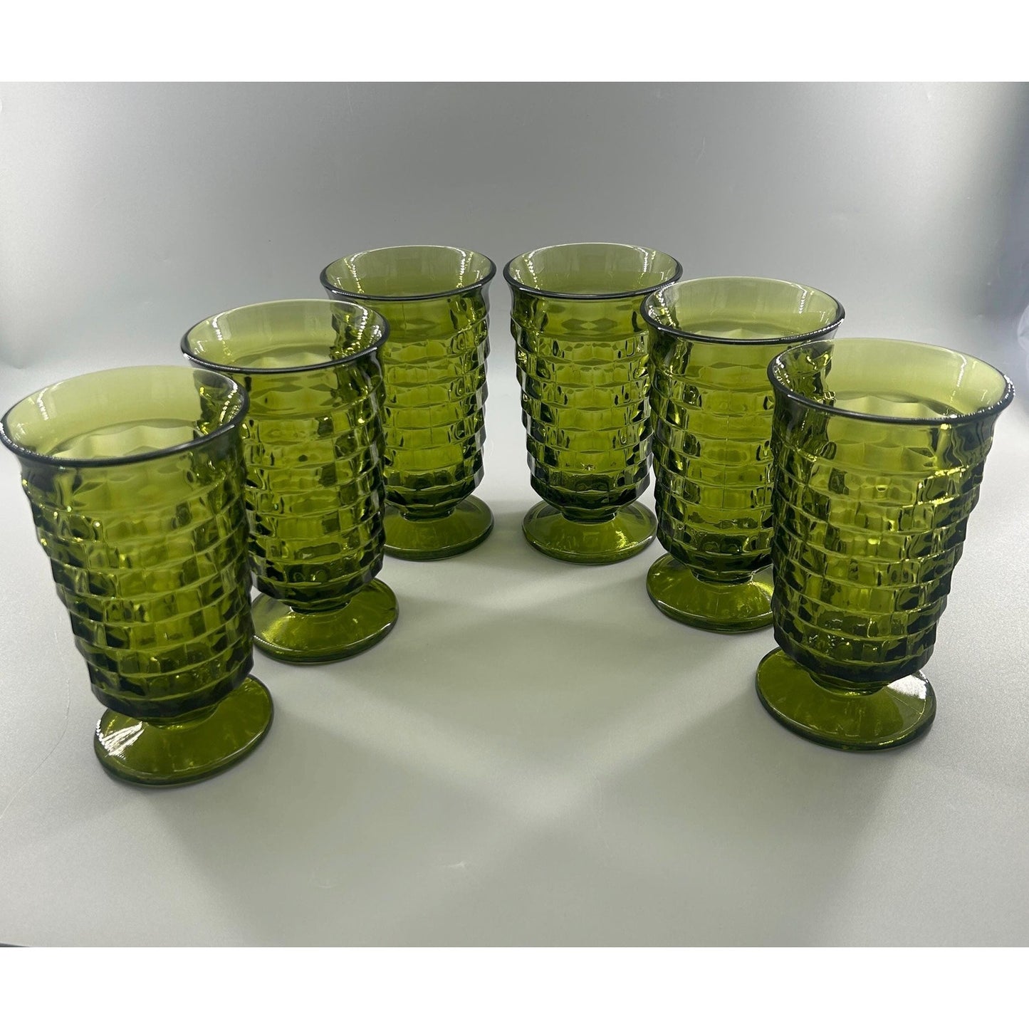 Vintage Indiana Glass Whitehall Cube Tumblers Set of 6 Avocado Green Footed Glasses Mid Century Barware Retro Drinkware