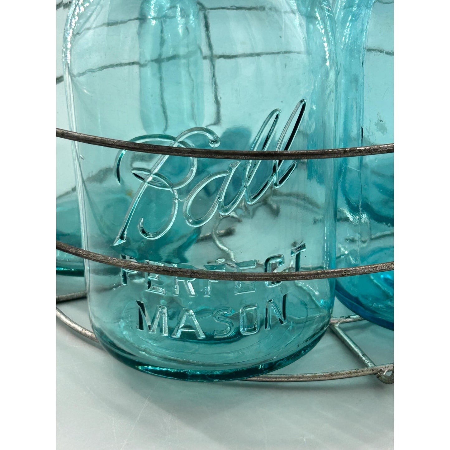 Vintage Ball Perfect Mason Jar Set Aqua Blue w Wire Carrier Zinc Lids 5pc