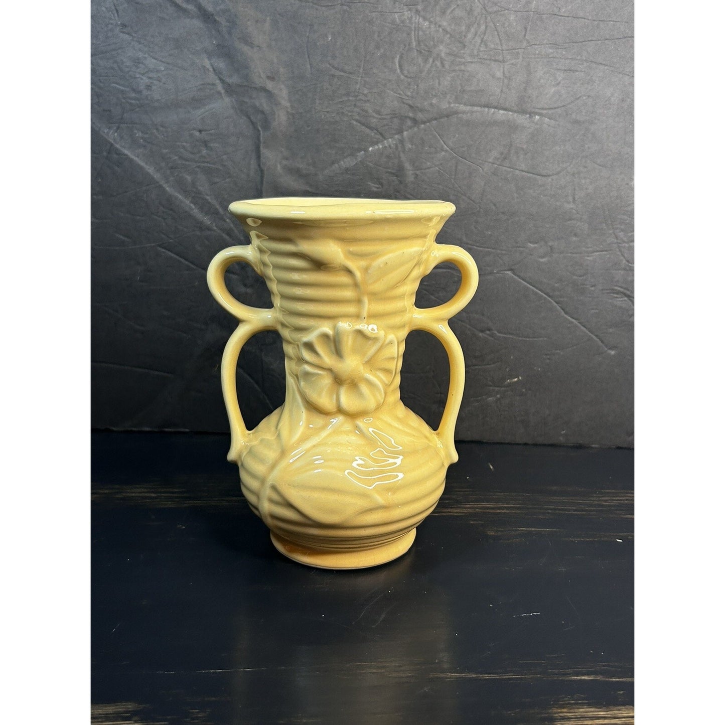 Vintage Shawnee pottery vase peach tan handle detail MCM